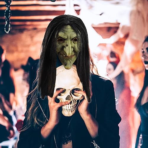 Miniatura 2 de TXGMNA Máscara de bruja de anciana, máscara de disfraz de Halloween con cabello y sombrero, espeluznante fiesta de miedo, accesorio de cosplay para