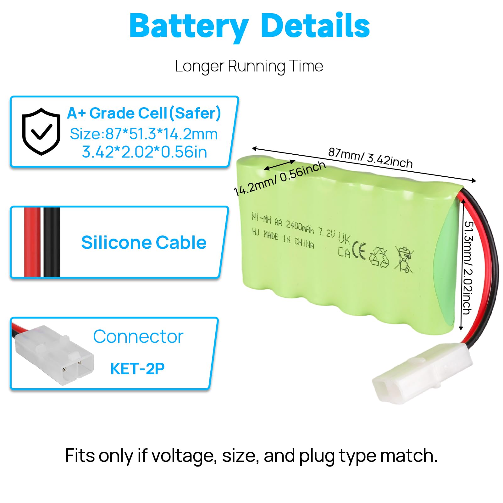 Batteria Ni-MH da 7,2 V, 1800 mAh, compatibile con spina Tamiya KET 2P, batteria AA a 6 celle per veicoli RC, auto, camion, escavatore, crawler, carri armati, giocattoli, modellismo, utensili