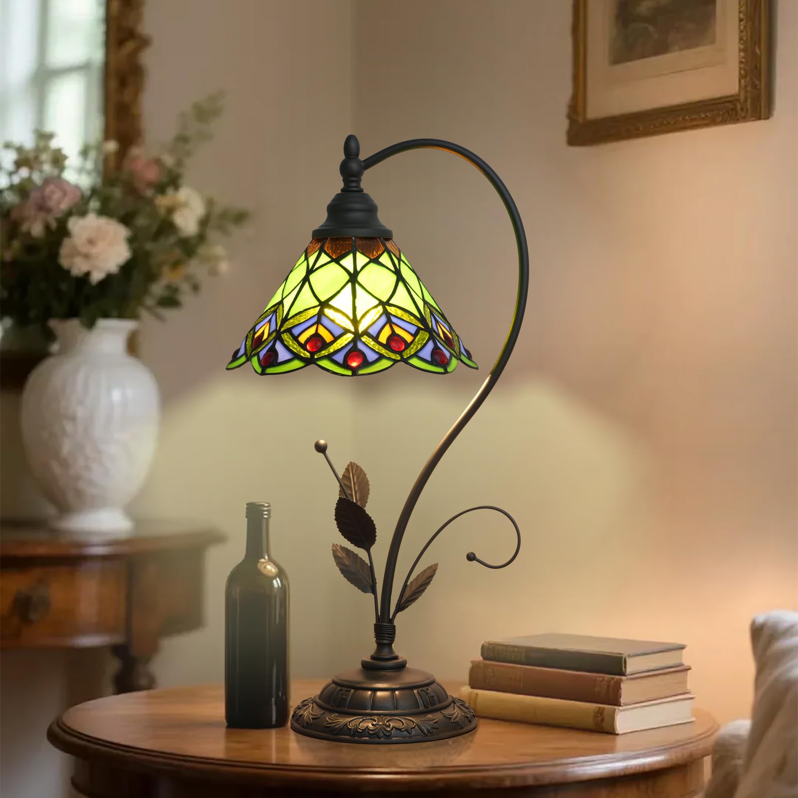 Lampa stołowa Tiffany Zielony ogon pawia Witrażowa lampa w stylu Tiffany S Liście Vintage Lampa biurkowa do sypialni, salonu, biura, akademika, jadalni