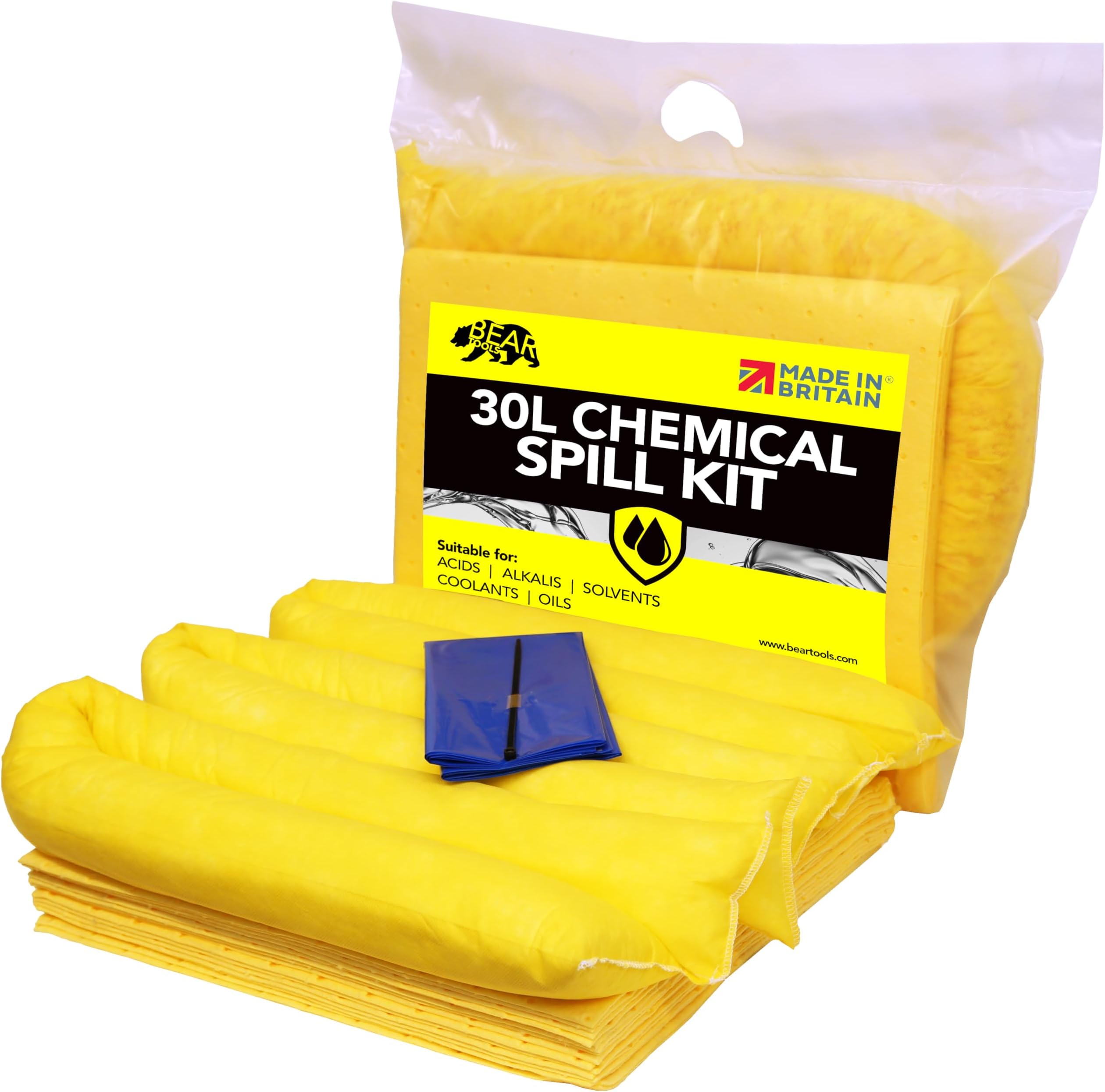 BearTOOLS 30L Chemical Spill Kits - Absorbs Strong Chemicals: Acids, Akalis - Made in UK, Yellow Spill Pads & Absorbent Socks, Complete Kit - Easy Spill Clean Up for Workplace, Industrial Safety