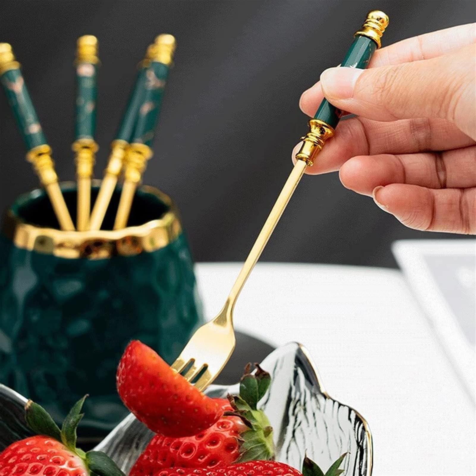 Löffel Restaurants Edelstahl-Obstgabel-Besteckset, mit Keramikspeicher-Dessert-Gabel-Besteck-Set, Luxus-Salat-Gabeln-Bestecksets Esslöffel Hause(Storage tank+5 silver forks)