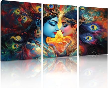 Radha Krishna Canvas Wall Art - Hindu God Wall Decor, Hinduism Cultural Canvas Wall Decor, Krishna Jhula Pictures Print Framed for Living Room Bedroom 16" x 24" x 3 pcs