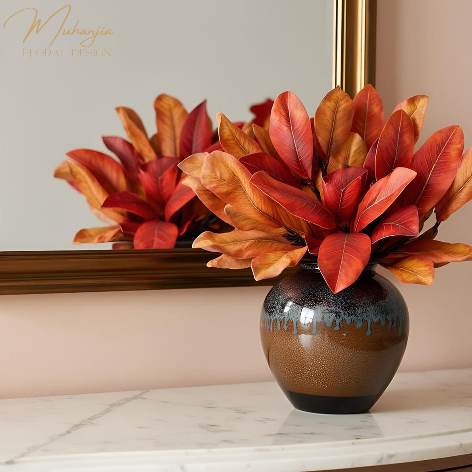 Magnolia Leaves 3D Artificial Magnolia Stems Branches for Vase Real Touch Fake Greenery Leaf Faux Stems for Indoor Outdoor Decor Fake Twigs for Home Office Table Decoration(6Pcs, 18'') (Terracotta)