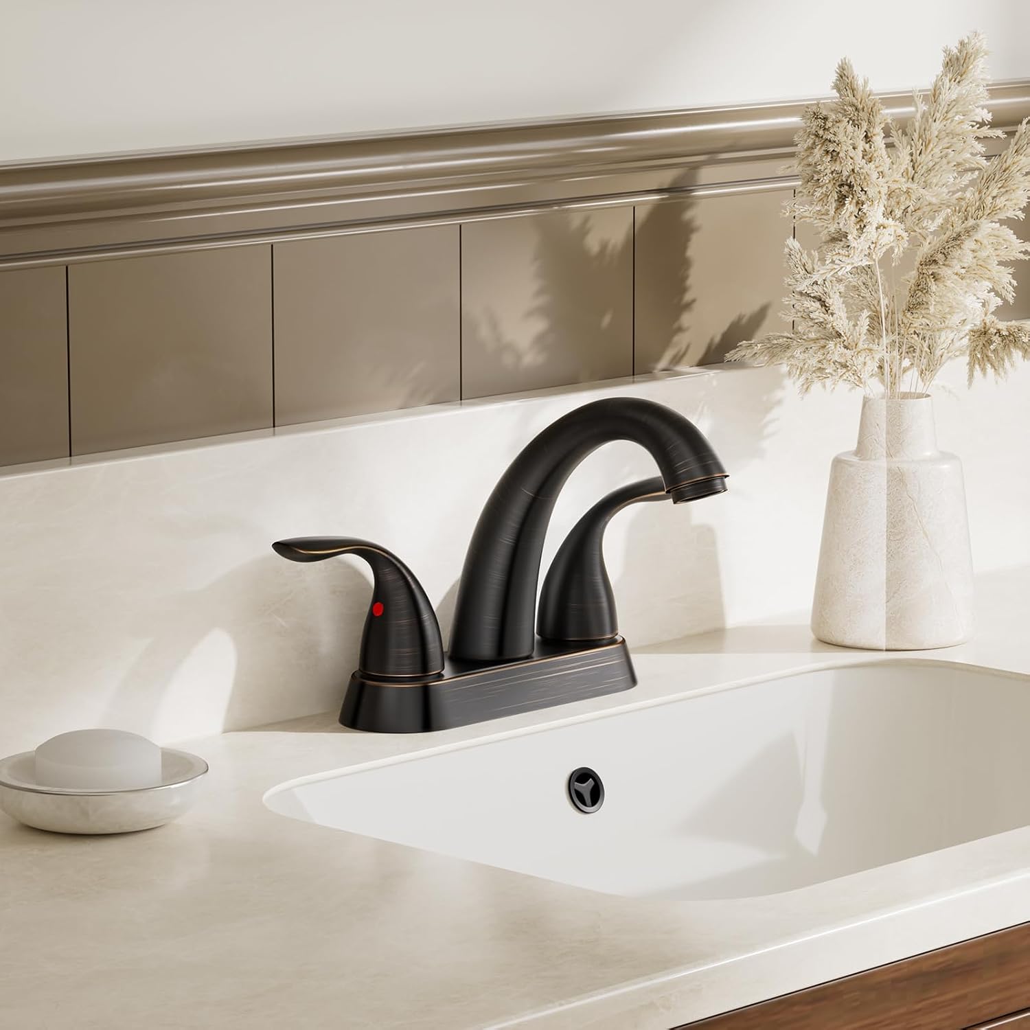 Phiestina 4 Inch 2 or 3 Holes 2 Handles Centerset Lead-Free Bathroom Sink Faucet, Oil Rubbed Bronze Bathroom Faucet with Copper Pop Up Drain and Water Supply Lines, BF008-5-ORB image 2