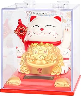 Lucky Cat Waving Arm with Dust Cover, Solar Fortune Vivid and Lovely Chinese Cat Statue Decorations for Front Desk, Car, Business Openings, (Chinese Knot, White, 1PC)