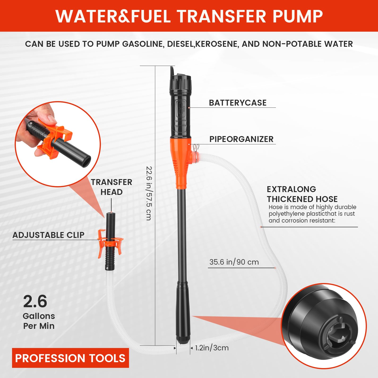 Pompa del carburante elettrica con doppio connettore (batteria+USB) – 2,8GPM 12 LPM pompa a benzina, pompa diesel e pompa dell'olio per taniche e barili – Include tubo (2,6 GPM (batteria))