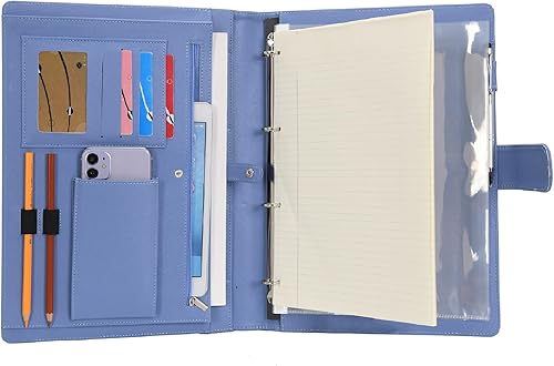 Wonderpool Funda de cuero sintético A4 con 4 anillos para escribir, multidocumentos, con portapapeles extraíble y bolsillo funcional para