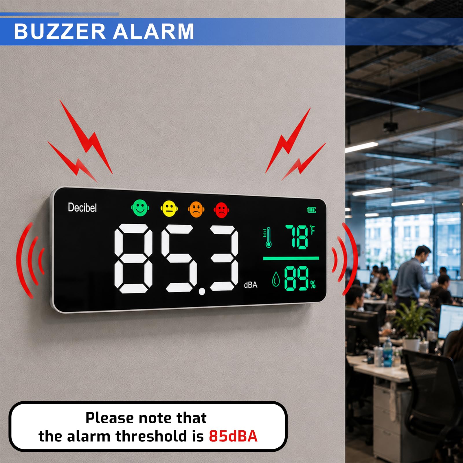 Medidor de decibelios con Registro de Datos, Probador de Sonido 11", Pantalla de pared para ruido, Temperatura y Humedad, Alarma sonora e íconos, Duarda 4,000 puntos de datos, para aula y estudio