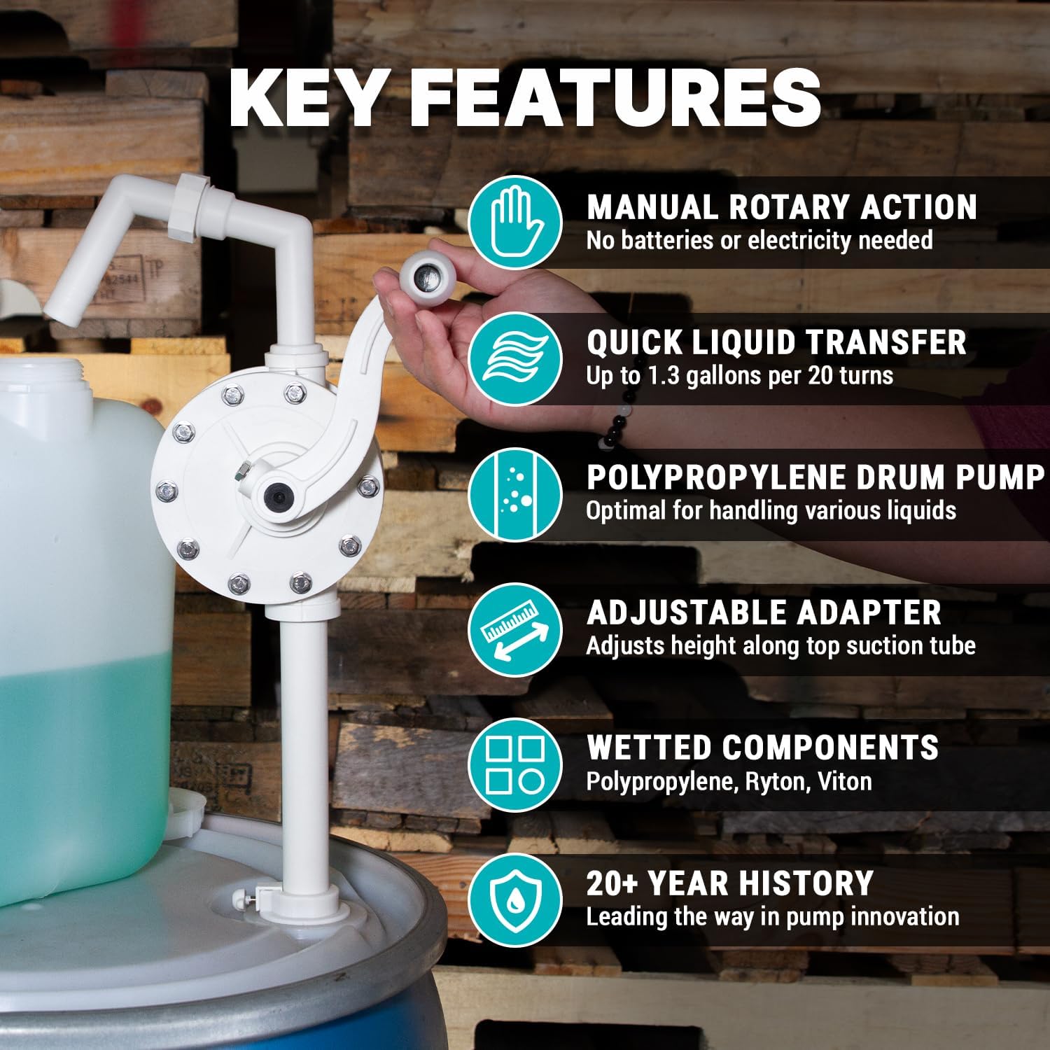 TERA PUMP Heavy-Duty Rotary Hand Drum Chemical Pump with Segmented Tubes | Fits 15 to 55 Gallons Drums for DEF, Antifreeze, Detergents and More (Chemical Resistant) | Fast Transfer at 10.0 Gal/Min