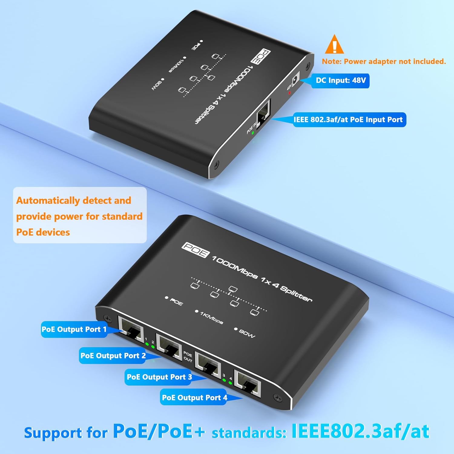 PoE Splitter 1 in 4 Out, Gigabit 4 Port PoE Switch, IEEE 802.3at/af Compliant, 30W per Port Power Over Ethernet Hub for IP Cameras/APVoIP Phones (328 Ft), PoE+ Splitter for Cat5e/6/7/8 Cable