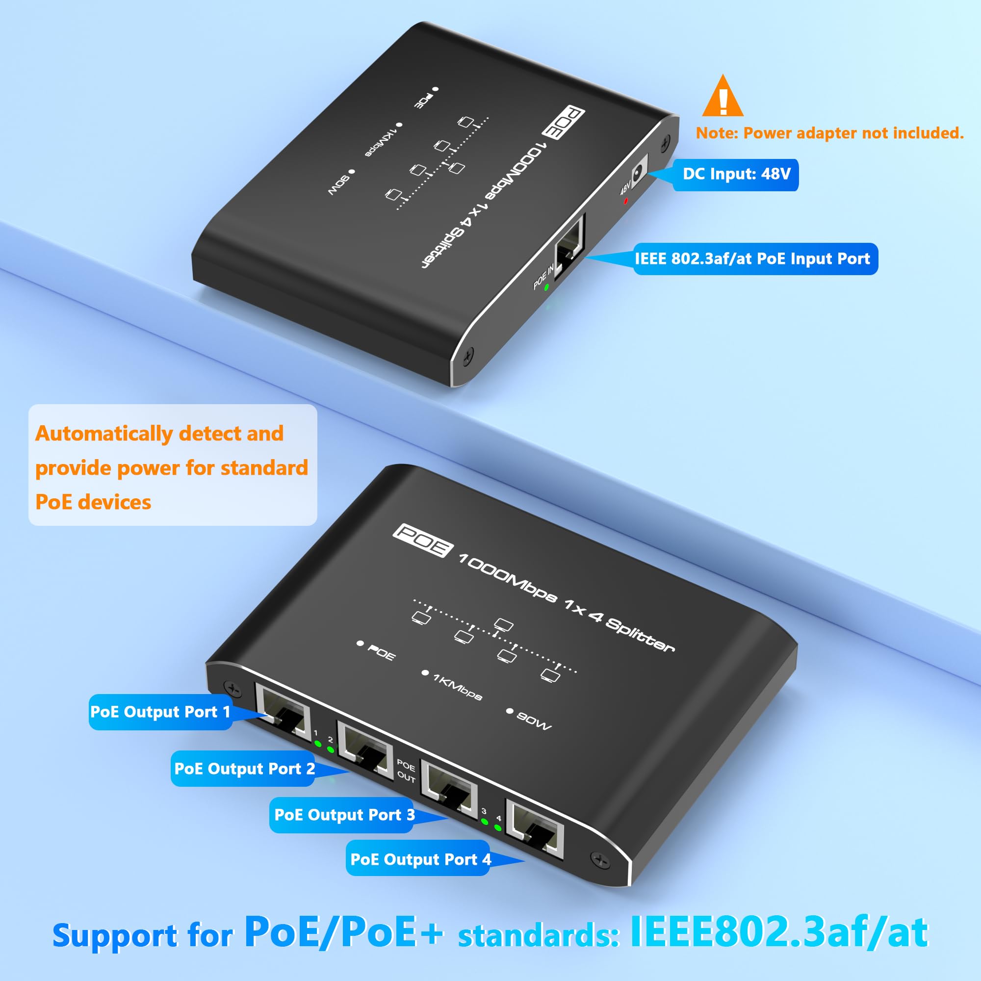 Répartiteur PoE 1 entrée 4 sorties, commutateur PoE Gigabit 4 ports, conforme à la norme IEEE 802.3at/af, hub d'alimentation par port 30 W par port pour caméras IP/téléphones APVoIP (100 m