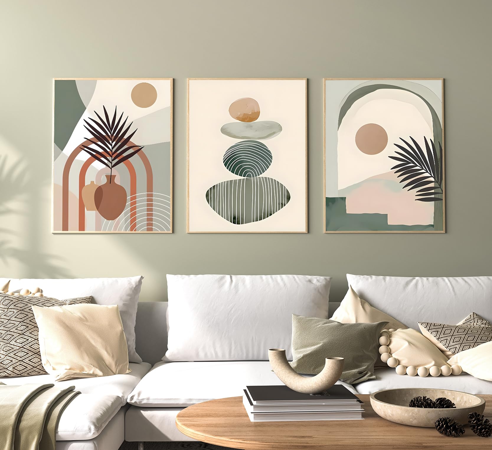 Lot de 3 tableaux décoratifs bohèmes modernes - Images de plantes - Paysage naturel - Plage - Art abstrait - Sans cadre (60 x 90 cm, 3 pièces, Poster-06)