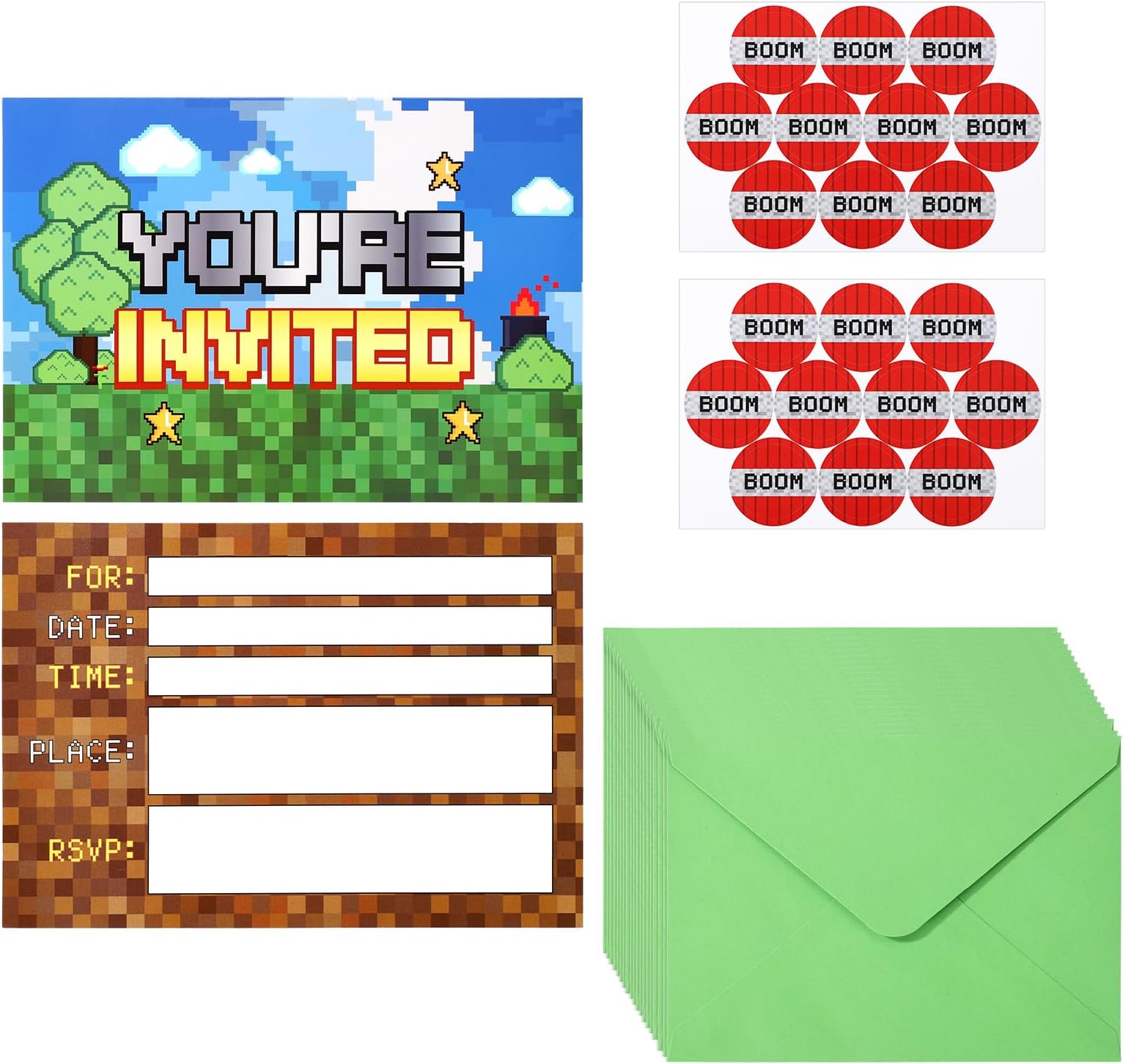 SAVITA 20pcs Pixel Theme Birthday Party Invitations, Video Game Theme Invite Cards with Envelopes and Stickers for Boys Girls Birthday Parties Supplies Decorations