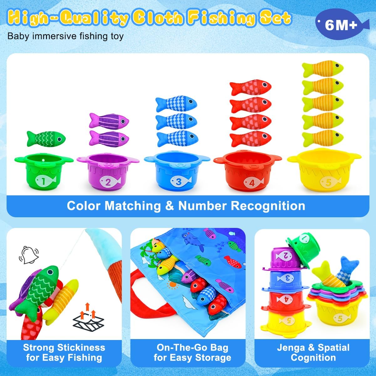 Montessori Toys for 1+ Year Old – 23 PCS Fishing Game Toys with 2 Poles & 15 Fish, 10-in-1 Cloth Fishing Toys for Counting, Color & Shape Learning, Easter Birthday Gifts for 1+ Year Old Boys Girls