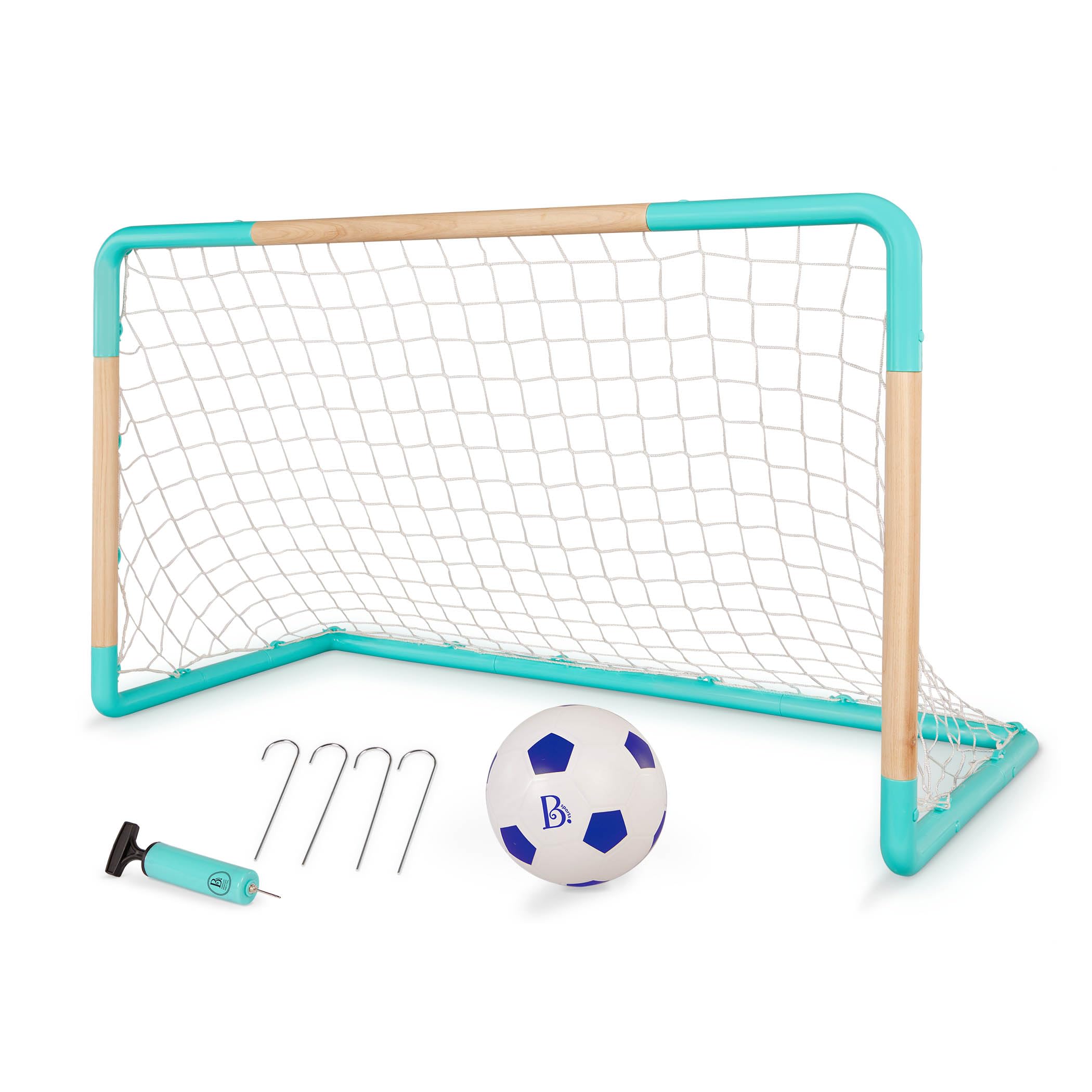 B. toys - Kids Soccer Net & Ball - Kid-Sized Net w/ Wooden Frame - One-Click Assembly & Ground Stakes - Inflatable Mini Ball & Pump - 3 Years +