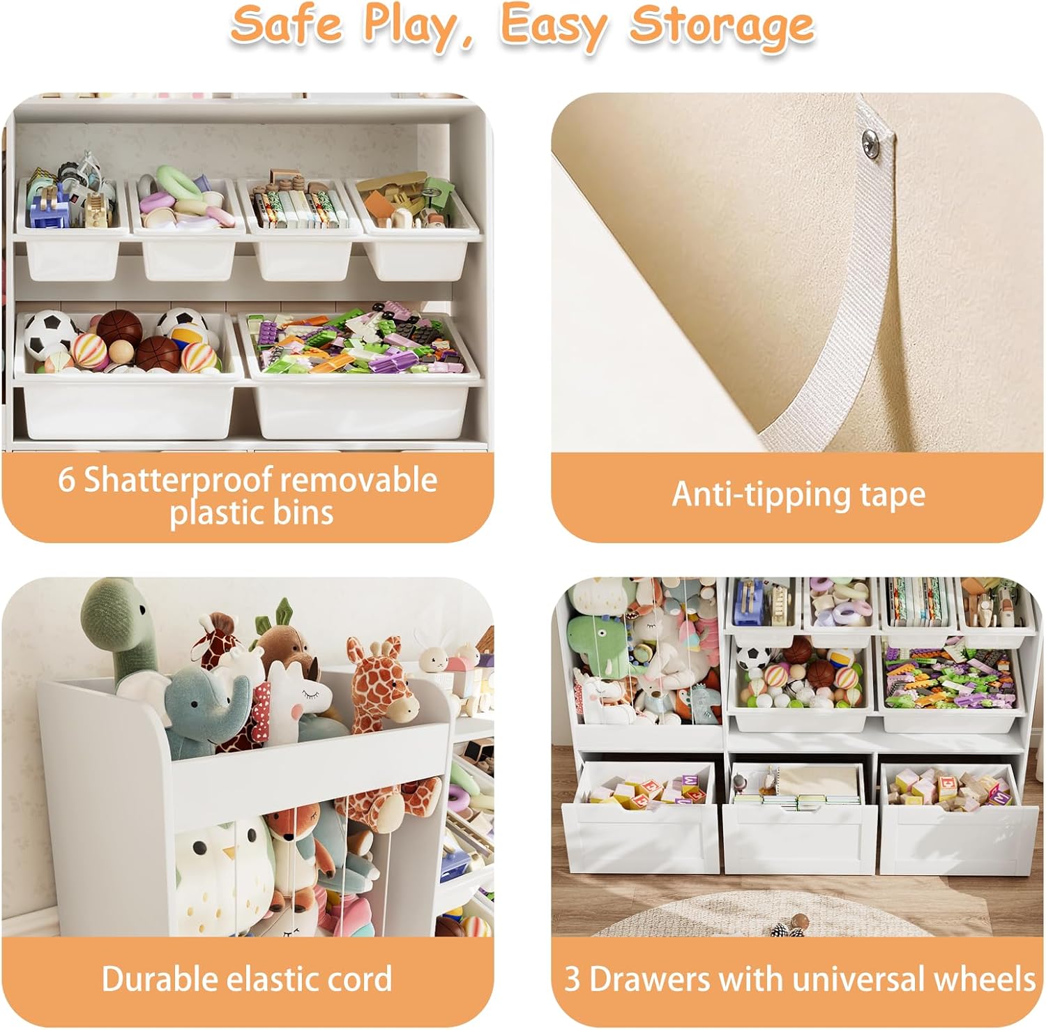 Kids Toy Storage, 50.6" W x 41.3" H Large Toy Organizers and Storage Cabinet with 6 Plastic Bins, 3 Rolling Drawers, Stuffed Animal Zoo, Wooden Organization Shelf for Playroom, Nursery(White)
