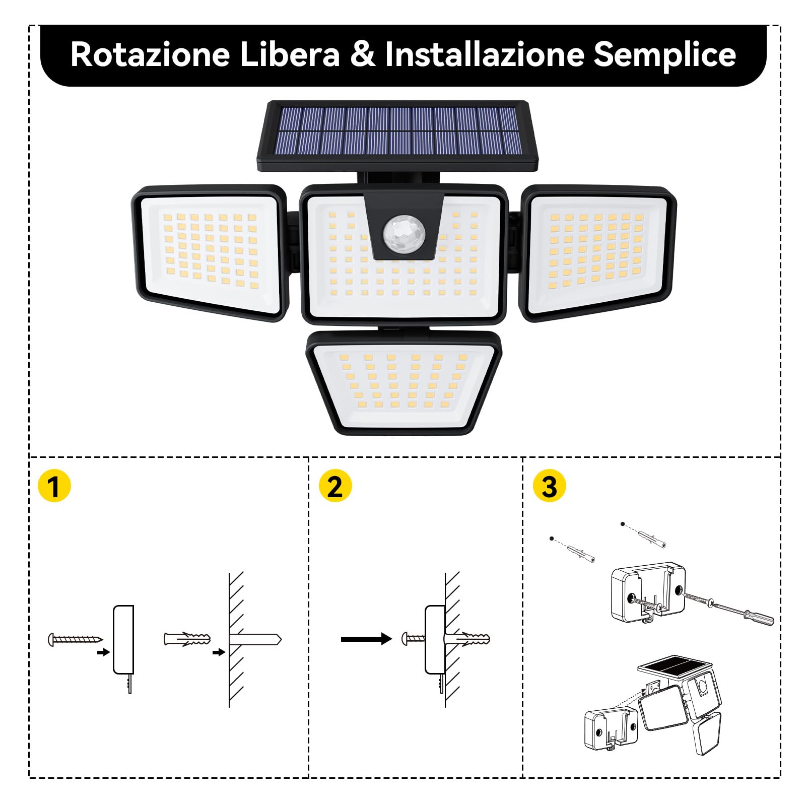 K KASONIC Lampade da Parete per Esterni Solari, Luci da Esterno Impermeabili IP65 a Rilevamento di Movimento con 4 Teste, Confezione da 2 Proiettore Solare con Telecomando per Giardino e Garage