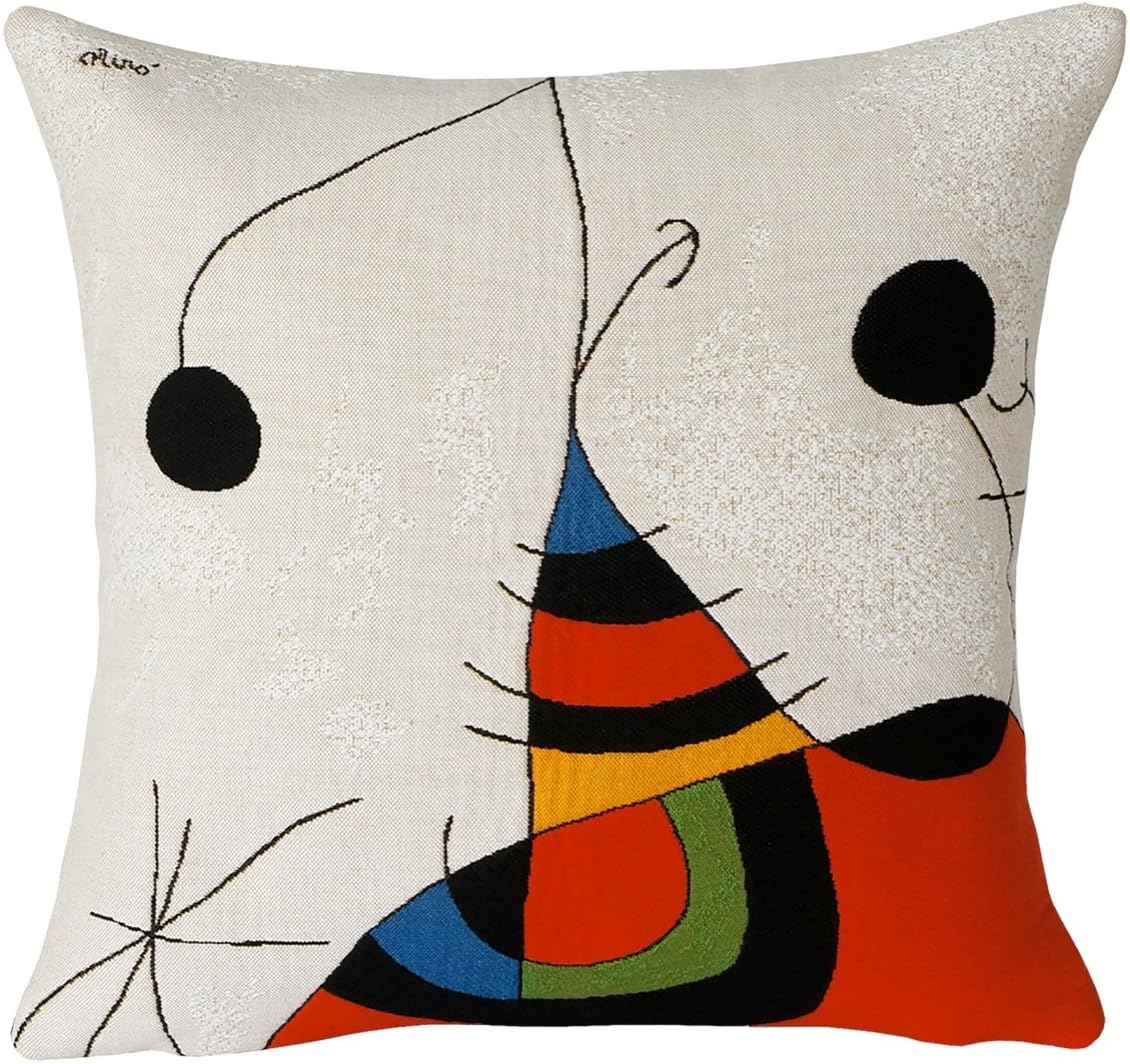 Jules Pansu - Premium European Throw Pillowcase in Jacquard Weave - Miro Woman, Bird, Star (1966-73) - 18 x 18 Inches - 95% Cotton 5% Polyester - Invisible Zipper Opening - Made in France