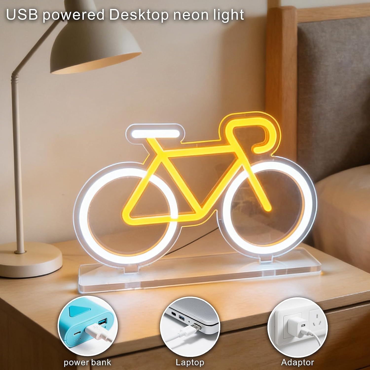 Bike Neon Sign for Desk Decor, Standable LED Bicycle Night Light with 9-Level Dimmable USB Power, Sports Themed Room Decor for Home Office Garage, Unique Gift for Cyclists Bike Lovers