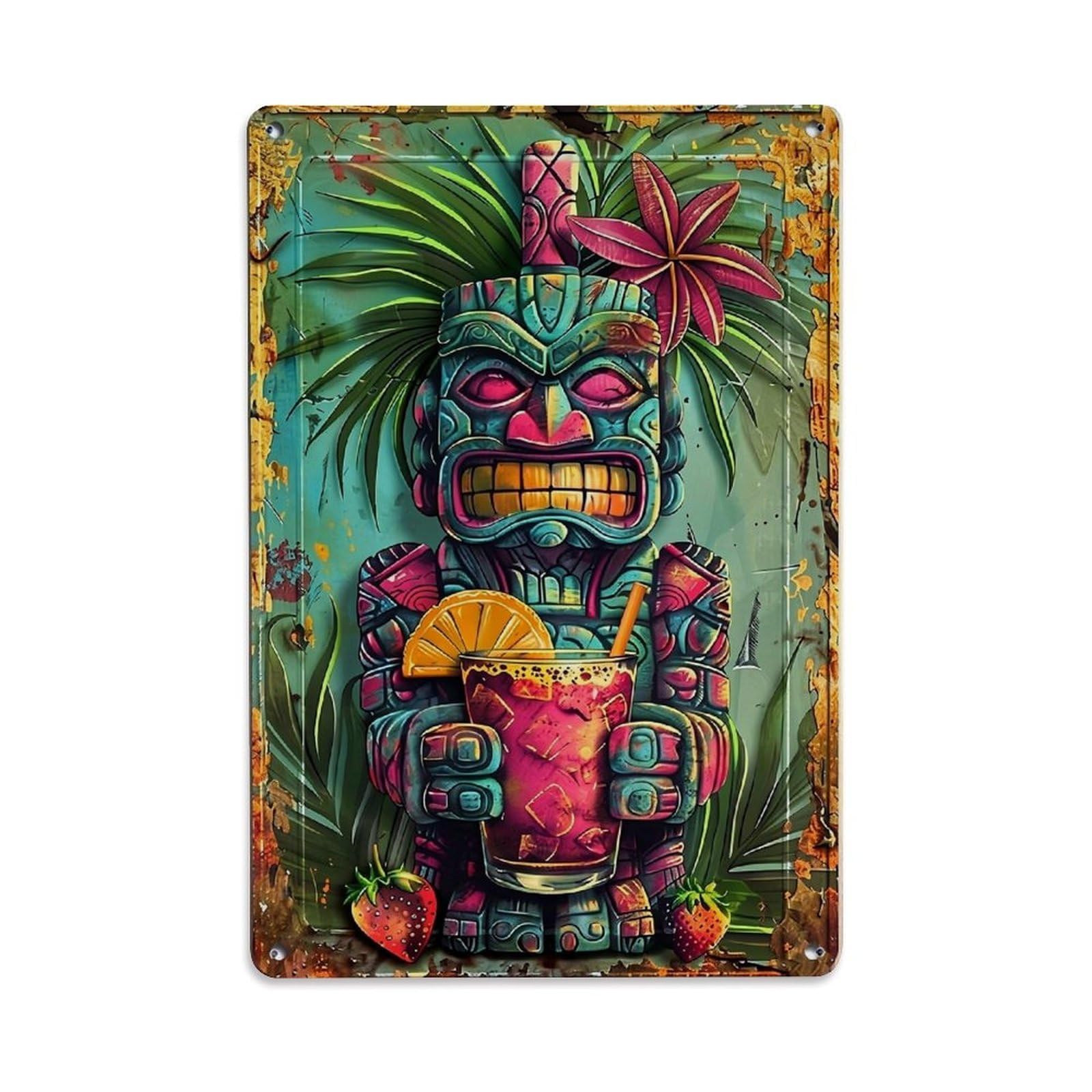 Jdfenggu Vintage Tiki God Holding Cocktail Retro Metal Tin Sign, Decor Art Poster For Bar, Home, Man Cave, Kitchen, Laundry Room Gift 8X12inch