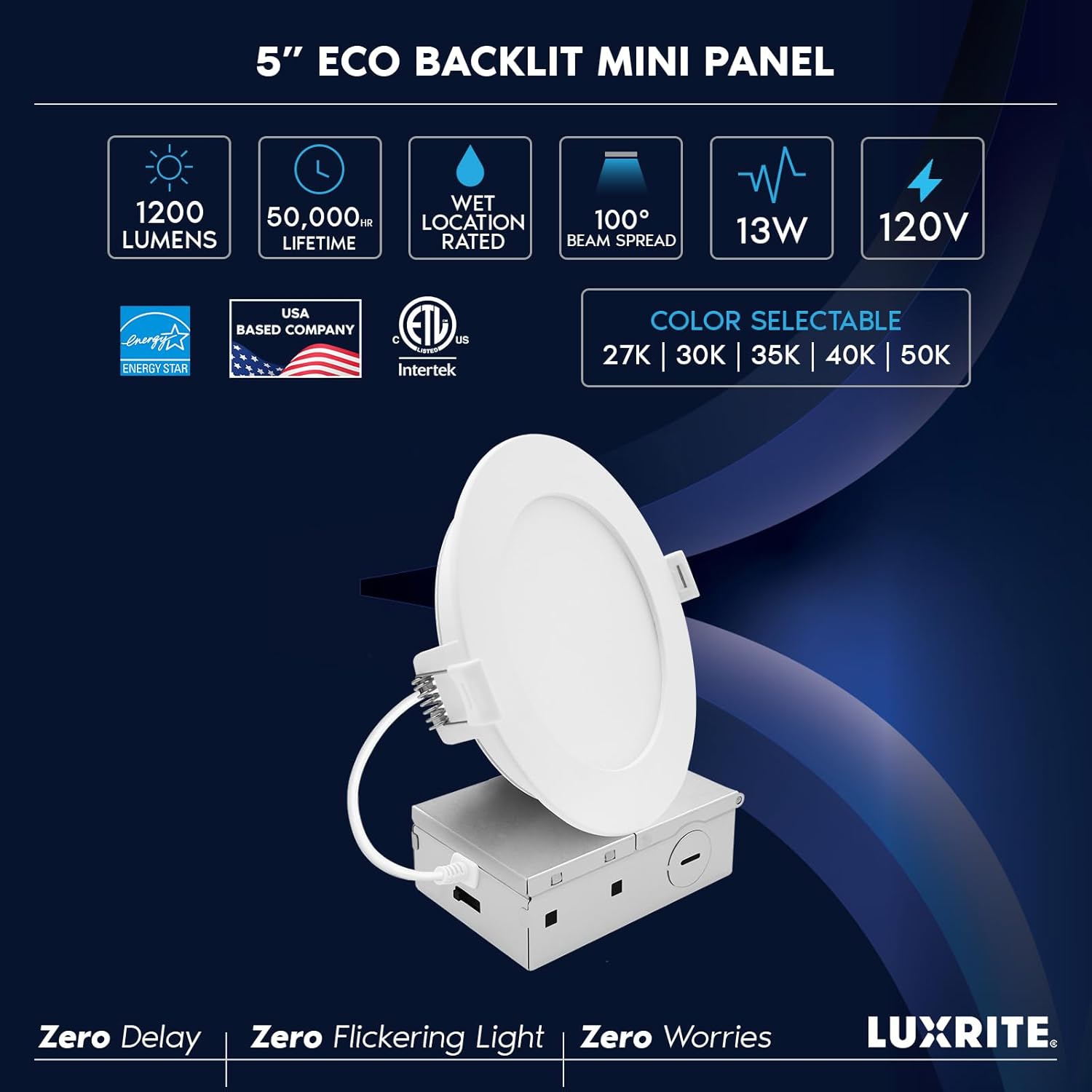 LUXRITE 5 Inch LED Recessed Light, ECO Backlit Mini Panel Spotlight, 5CCT 2700K-5000K, 1200 Lumens, High Output, 13 Watts, Dimmable, IC Rated, Wet Rated, ETL Listed, Energy Star, Round (6 Pack)