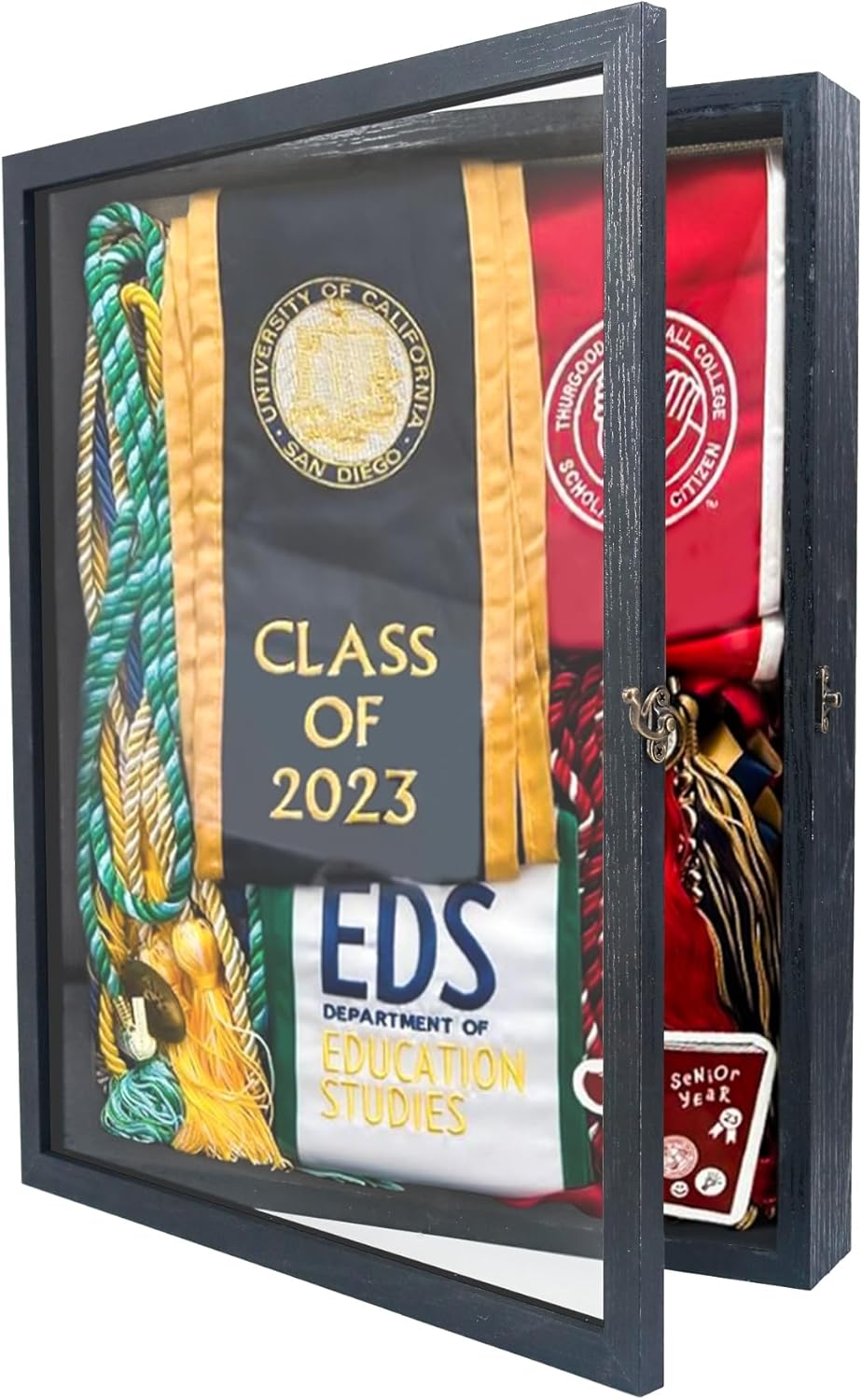 GraduatePro Shadow Box Frame 13X16 Display Case with Linen Back, Real Glass Window Door with Hinge, Picture Frame Wedding Bouquet Memorabilia Medals Photos Memory Box for Keepsakes Rustic Black