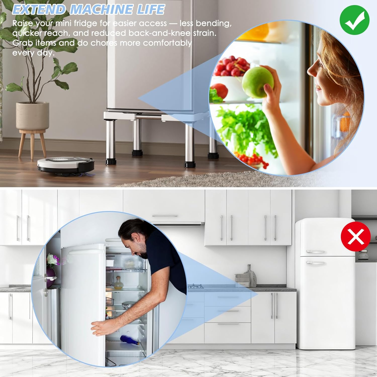 Mini Fridge Stand Height 13"-14.2" Adjustable Refrigerator Washing Machine Stand Base with 4 Strong Feet Anti-Vibration Washer Dryer Stand Laundry Pedestal Universal Appliance Stand Load 660LB-White