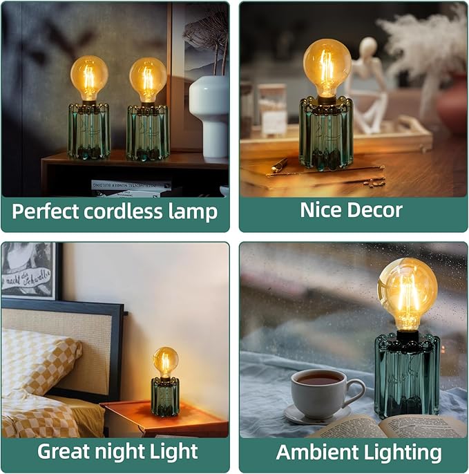 MJ PREMIER Set of 2 Battery Operated Table Lamp, Battery Powered Cordless Lamp with Timer, Glass Bulb Shape Decorative Lights for Living Room Bedroom Weddings Parties Patio Events Indoors Outdoors（Loden Frost） photo 5