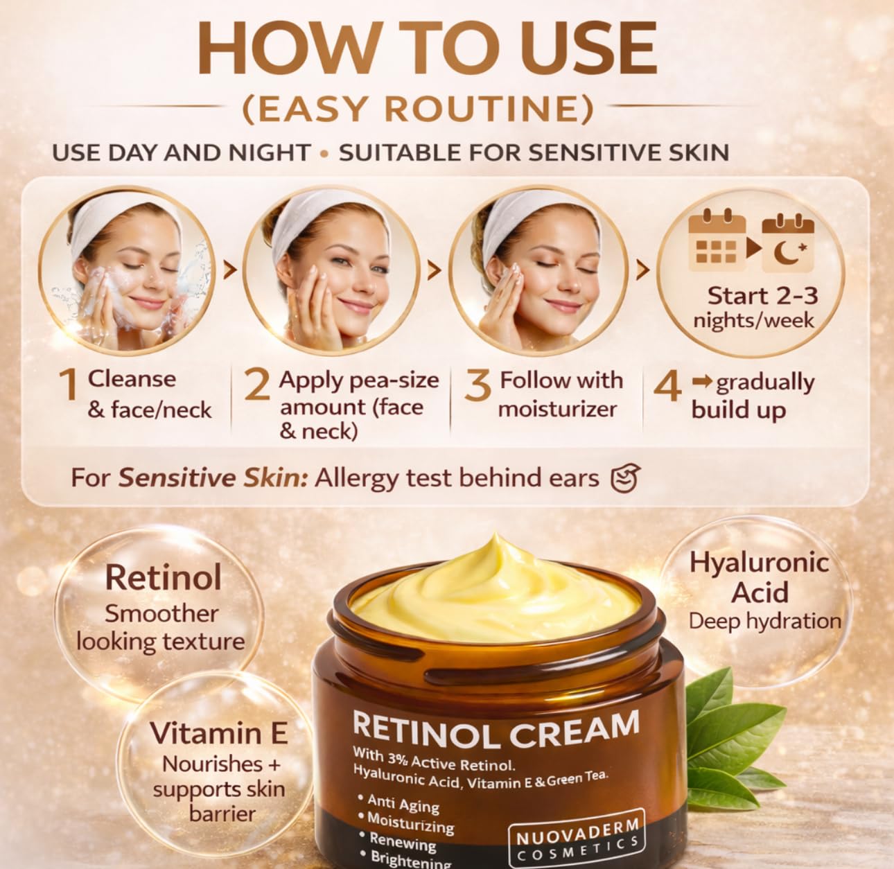Nuovaderm Retinol Cream 1 Pack(50g) - Retinol Face Moisturizer for Face & Neck - Night Cream with Hyaluronic Acid, Vitamin E & Green Tea - Anti-Aging Wrinkle Cream (2-pack(1.7oz x2))