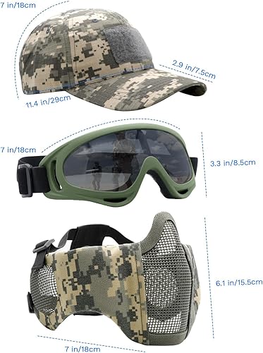 Miniatura 8 de Máscara de Airsoft con gafas, máscara plegable de malla de Airsoft con protección para los oídos para paintball, tiro, cosplay, juego CS