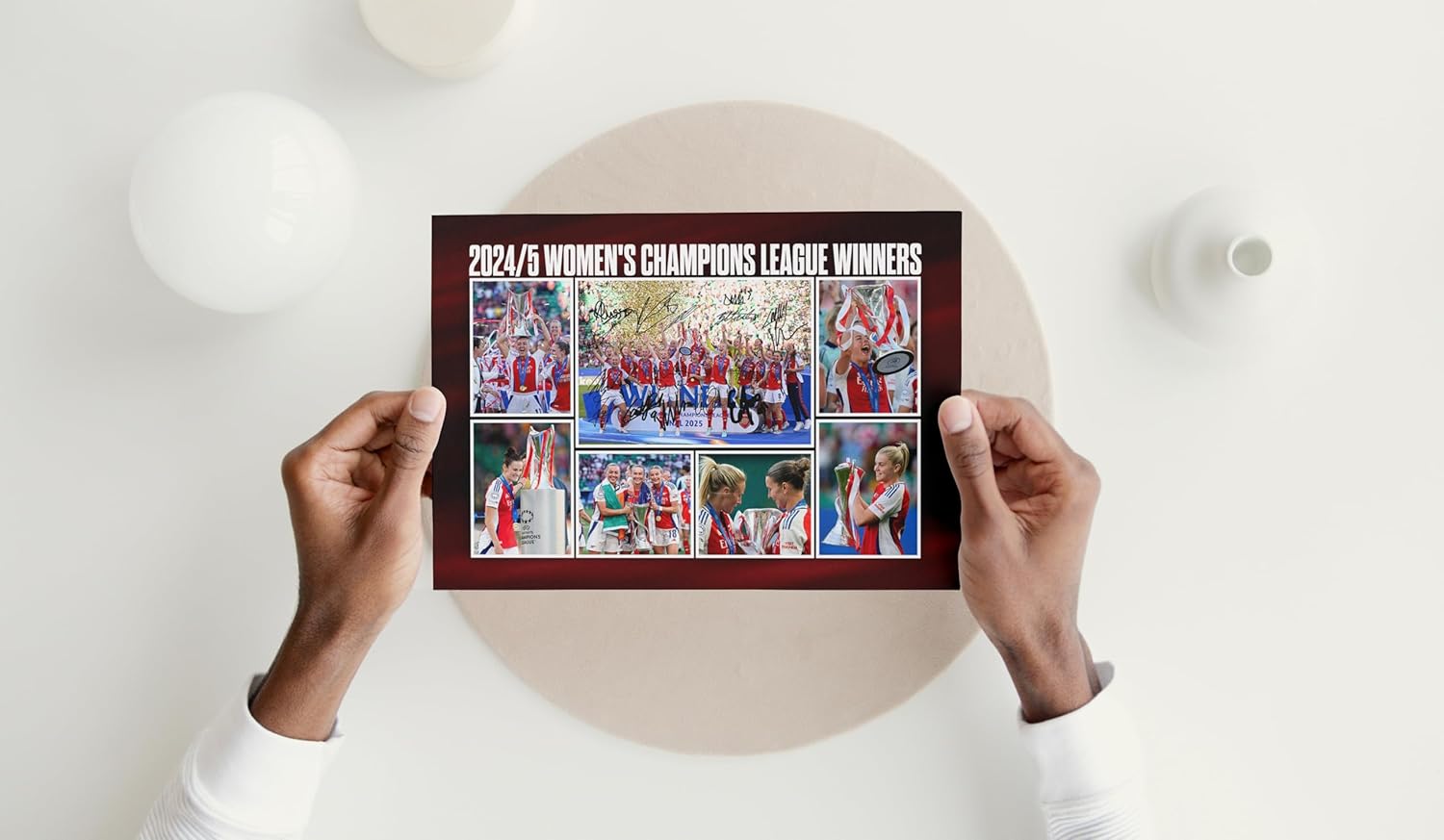 Arsenal Ladies 2024/5 Champions League Final Signed A4 Montage Autograph Photo Print With Pre Printed Signatures That Would Make A Great Gift For Any Fan.