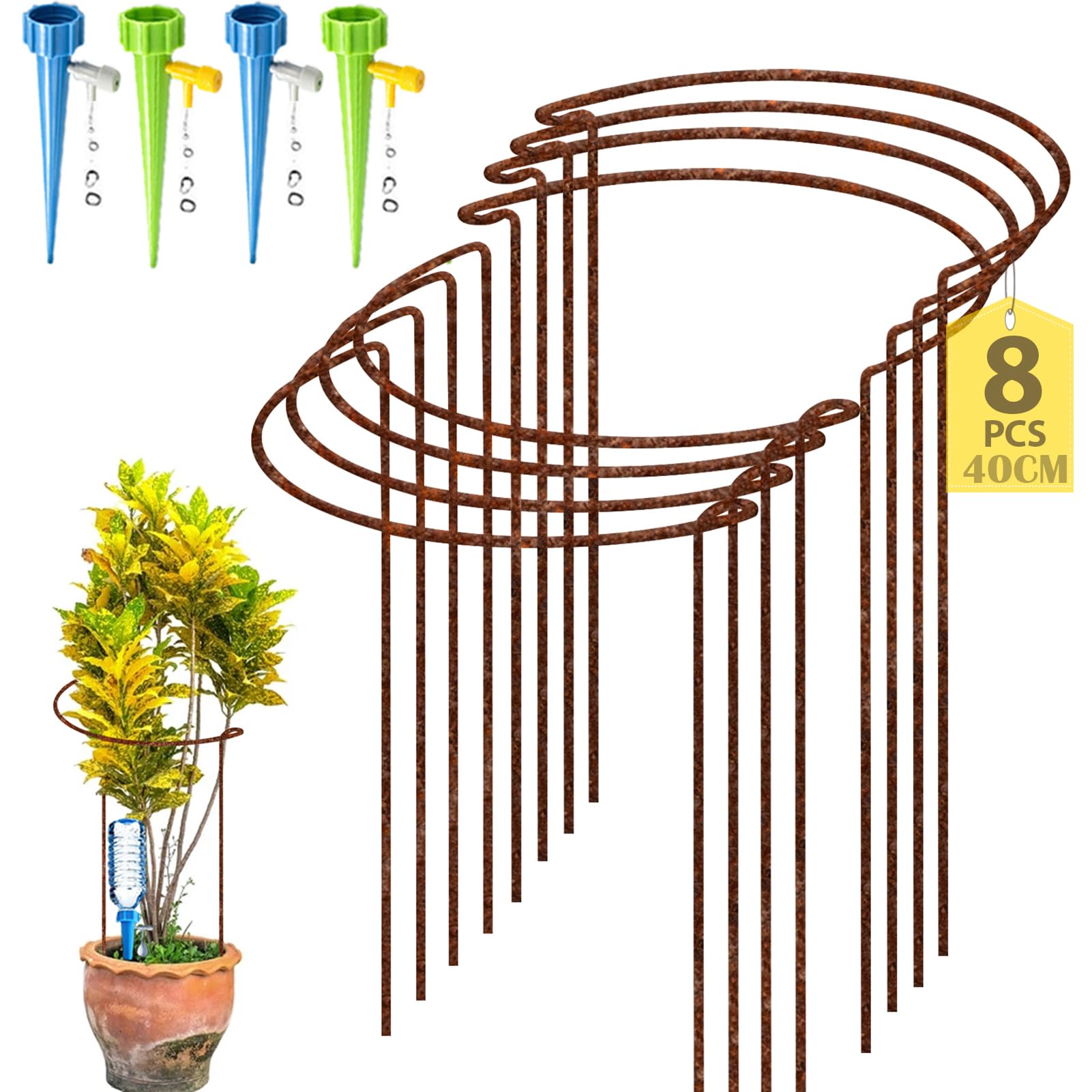 8 Pack Rusty Bow Plant Support Stakes, Half Round Natural Rust Flower Support Ring Cage Frame with 4 Self Watering Spikes, Rusted Metal Interlinking Garden Border for Peonies, Hydrangea(25x40cm)