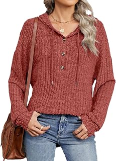 Women’s V Neck Sweatshirt Long Sleeve Pullover Knit Hoodie Lightweight Fall Casual Tops for Spring Fall