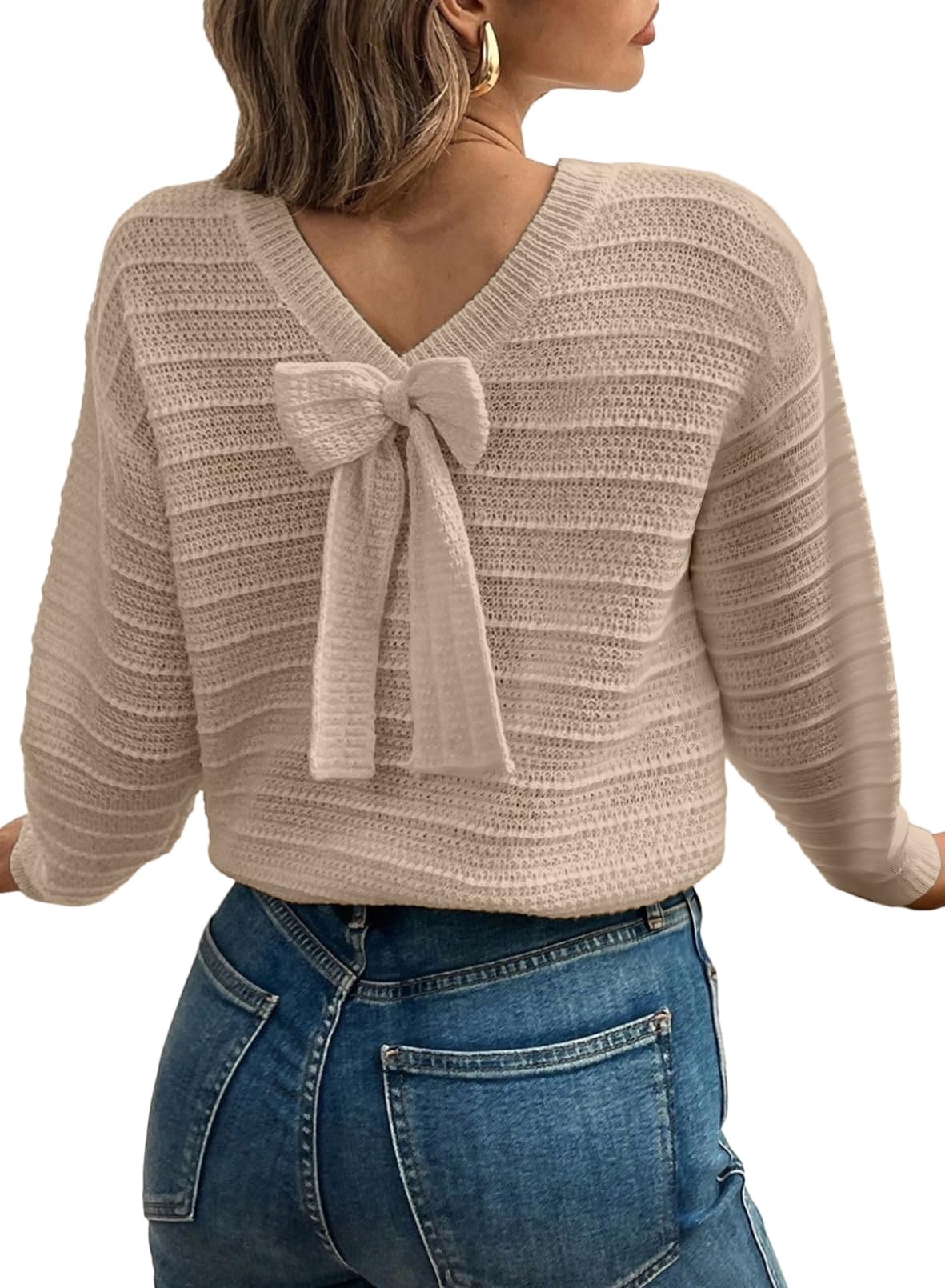EVALESS Sweaters for Women Long Sleeve Fall Outfits 2025 Back Bow Knot Sweaters Round Neck Solid Knit Pullover