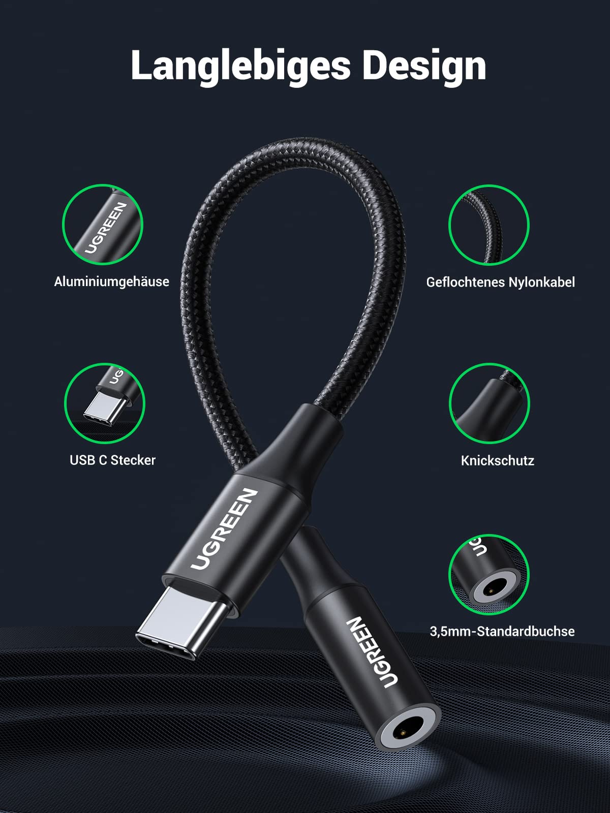 UGREEN Adattatore USB C A Jack 3,5mm Per Cuffie – Compatibile Con Huawei, Xiaomi E Oppo, Cavo In Nylon (Nero)