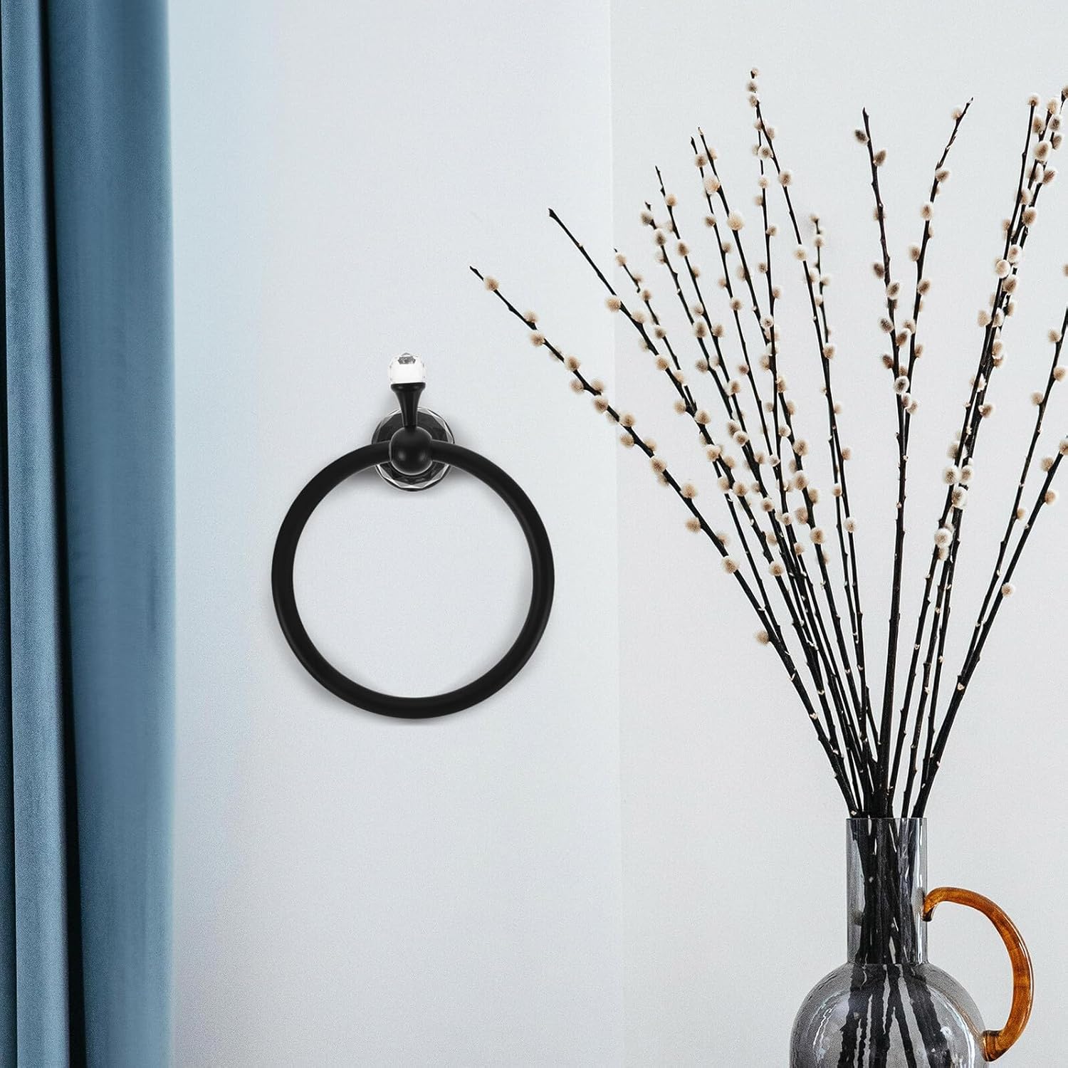 Black Crystal Hand Towel Ring Wall Mounted Bathroom Towel Holder Heavy Duty for Bath and Kitchen Accessories