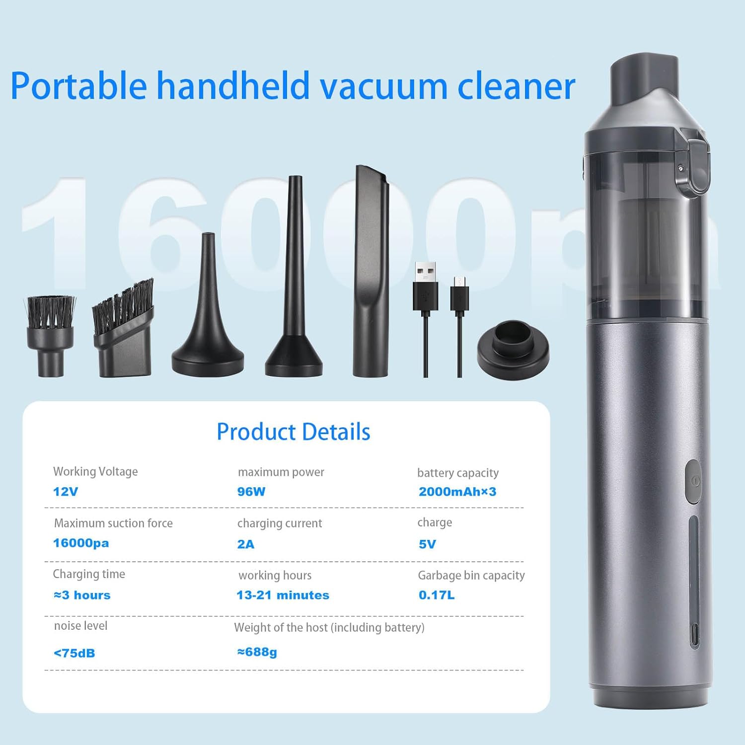 Rapid Charges Cordless Vehicle Vacuum 3 Hour Full Charges 16000Pa Suction Small Size for Small Car with Nozzles