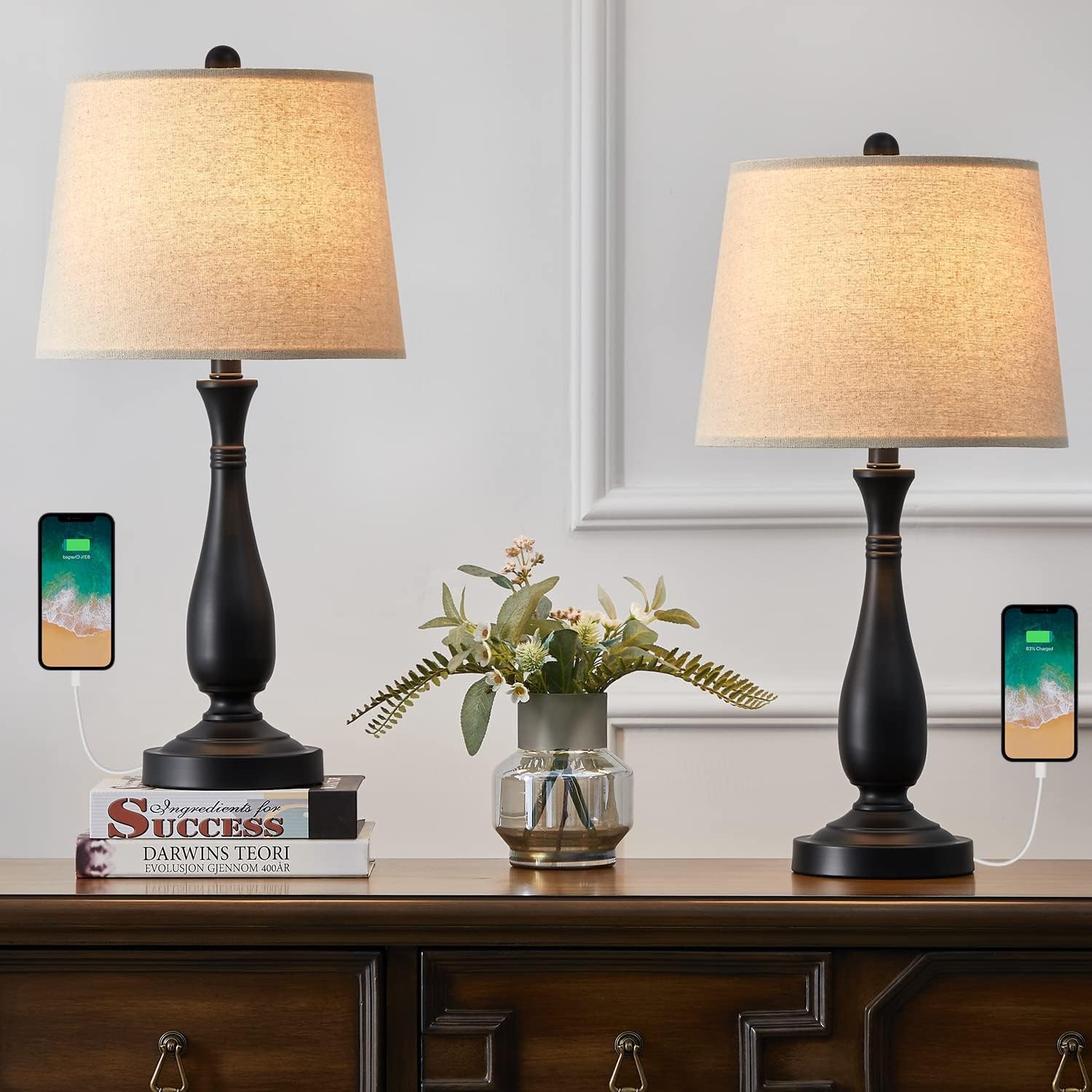 Greatest Product PORTRES 24.25'' USB Table Lamp Set of 2 for Living Room Modern Nightstand Lamps for Bedroom Kids Room Study Room Dorm Office Table Lamps Black