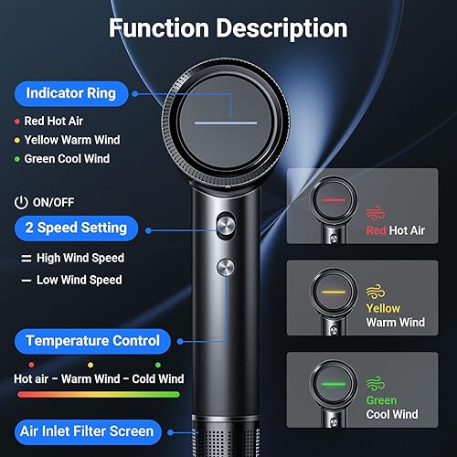 Miniatura 4 de Secador de pelo, 210000 RPM de alta velocidad con motor sin escobillas, 500 millones de secador de pelo iónico negativo para secado rápido, secador