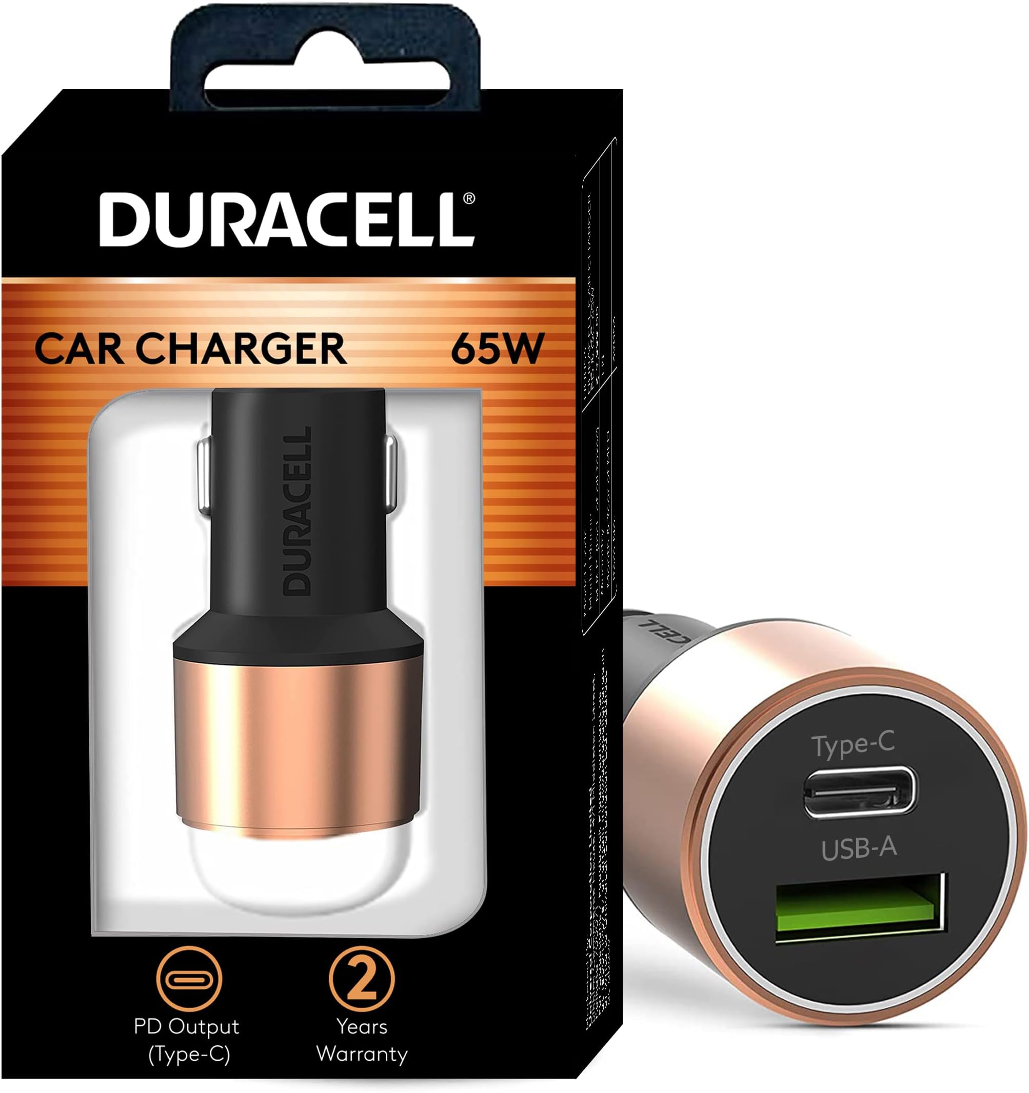 65W Fast Car Charger Adapter with Dual Output. Quick Charge, Type C PD 45W & Qualcomm Certified 3.0 20W, Compatible for iPhone, All Smartphones, Tablets & More (Copper & Black)