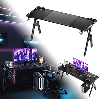 160 x 60 cm Gaming Mesa Gamer Escritorio para ordenador en forma de A con luz LED RGB, superficie de fibra de carbono, escritorio ergonómico de esquina con soporte para bebidas y gancho para
