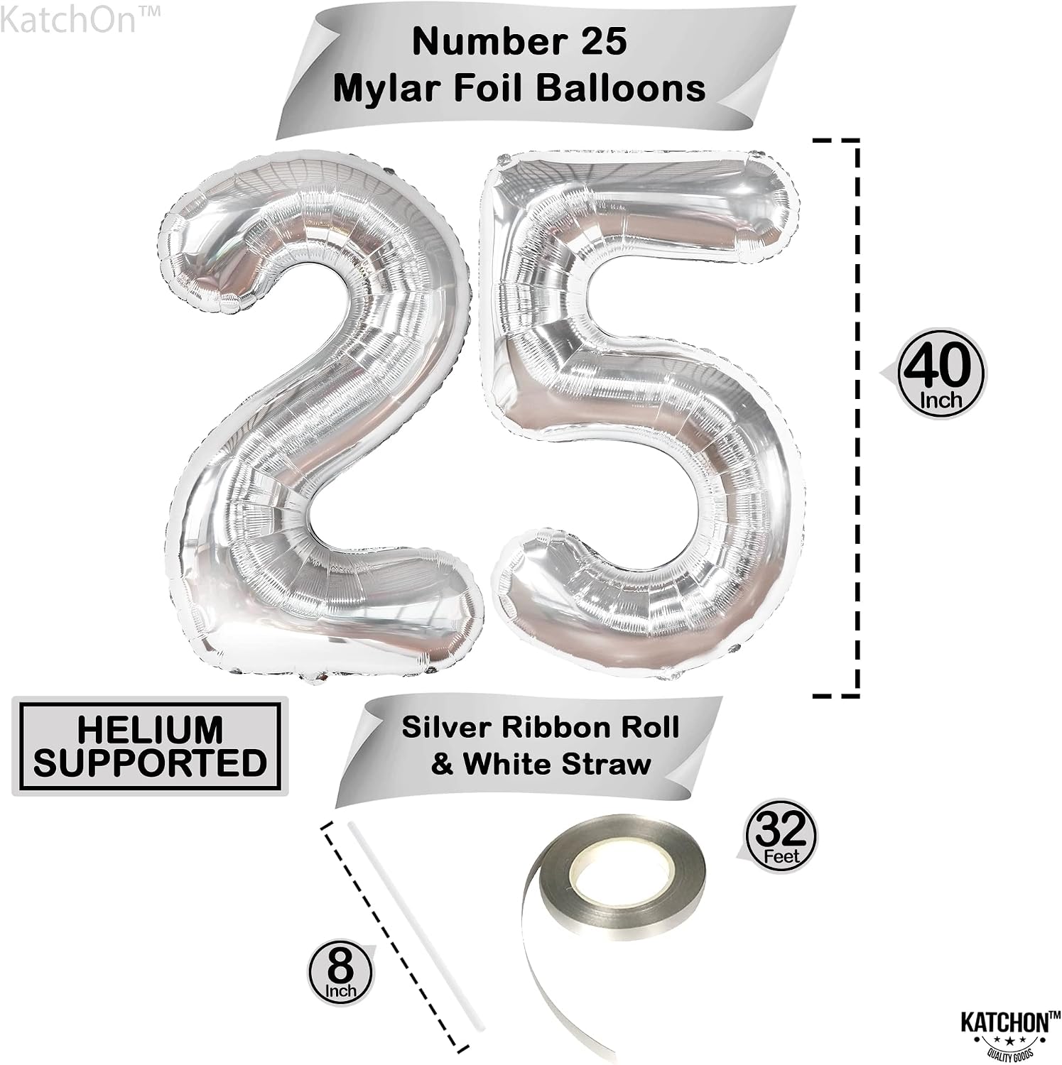 KatchOn, Silver 25 Balloon Numbers - 40 Inch | Silver Mylar Foil BalloonFor 25th happy Birthday Decorations | 25th Anniversary Decorations | Birthday Party Decoration