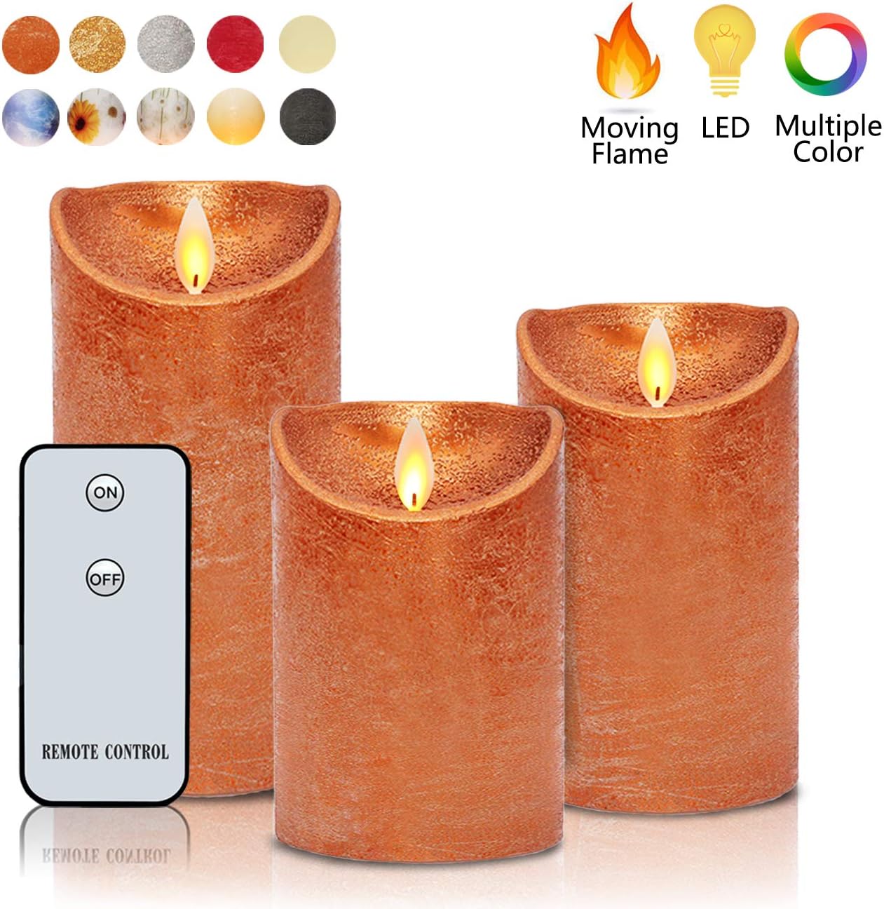 Flameless Candles Real Wax Battery Operated Candles Antique Brass H4"5"6" xD3" Moving LED Flame Pillar Candles Set with Remote