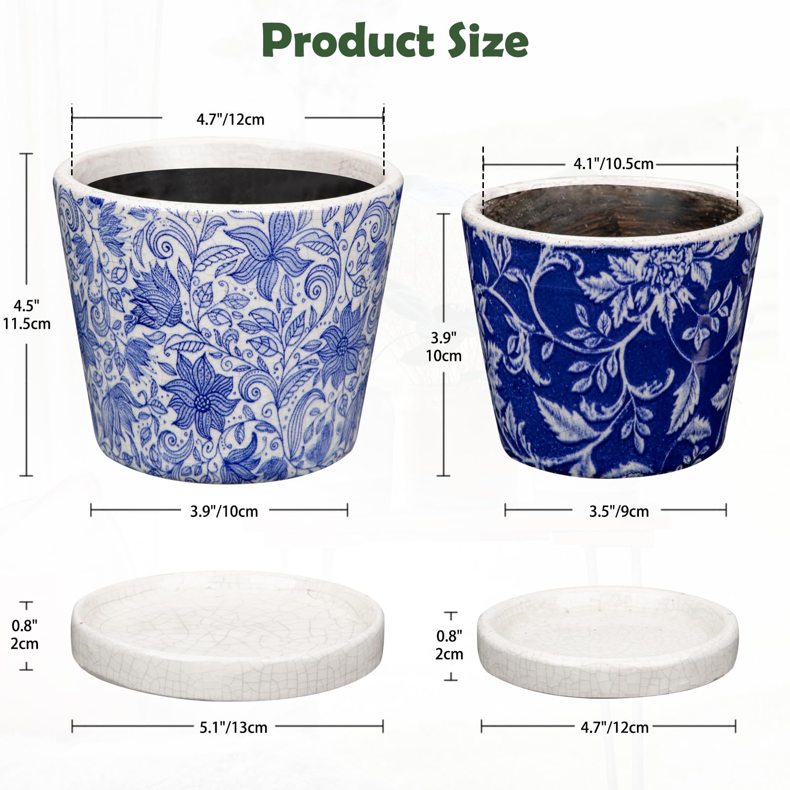 Oairse Set of 2 Blue and White Ceramic Planter 12CM 10CM Ceramic Plant Pots Indoor with Drainage Holes and Saucers Tray Decorative Flower Pots for Succulent Cactus House Plants - Image 2