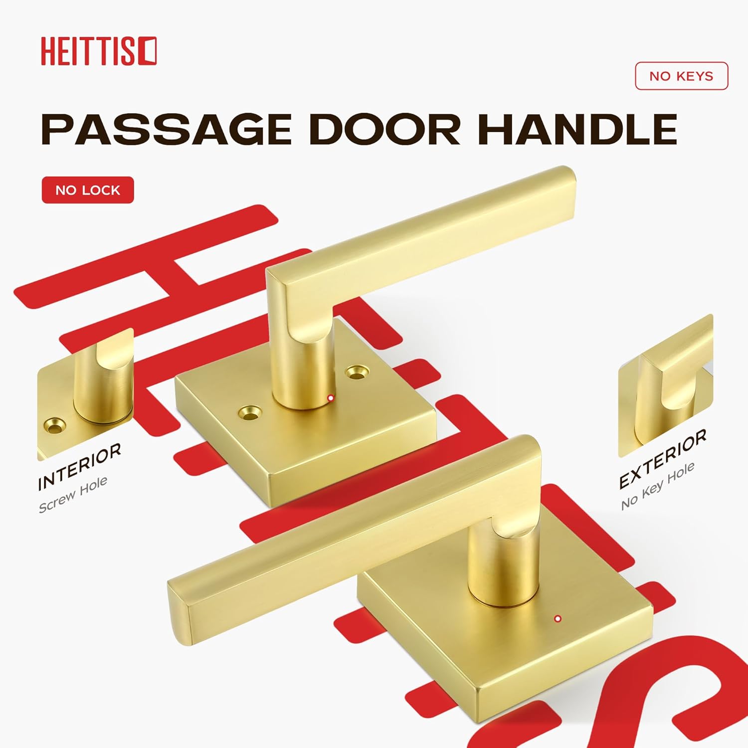 4 Pack Passage Door Knob Set Interior Door Handle, Closet Gold Door Handles in Satin Brass Finish, Hallway/Closet Door Lever Set Indoor Door Handle Set for Right/Left Handed Doors