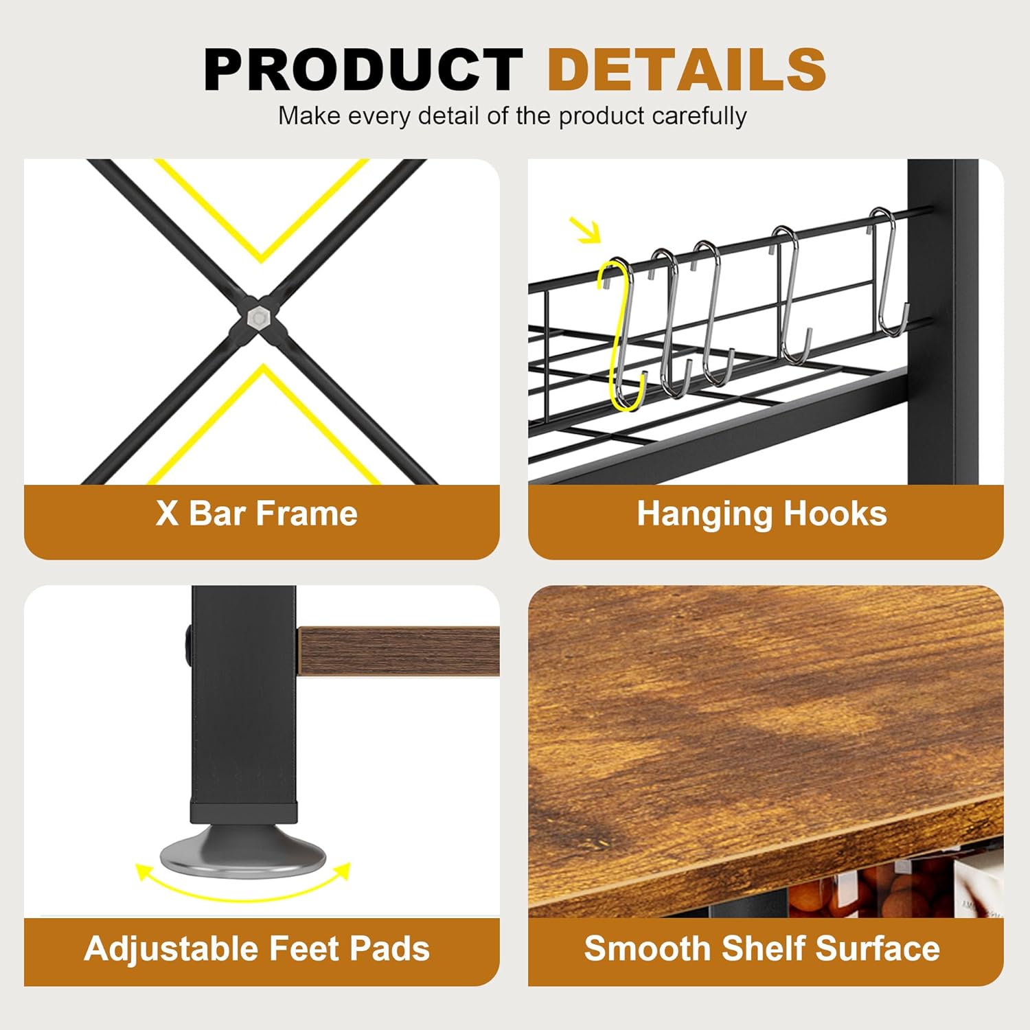 sogesfurniture 3-Tier Kitchen Baker's Rack with Power Outlet & USB Ports,Utility Microwave Oven Stand Storage Cart, LED Kitchen Storage Cart Workstation Shelf with 5 S-Hooks,Rustic Brown