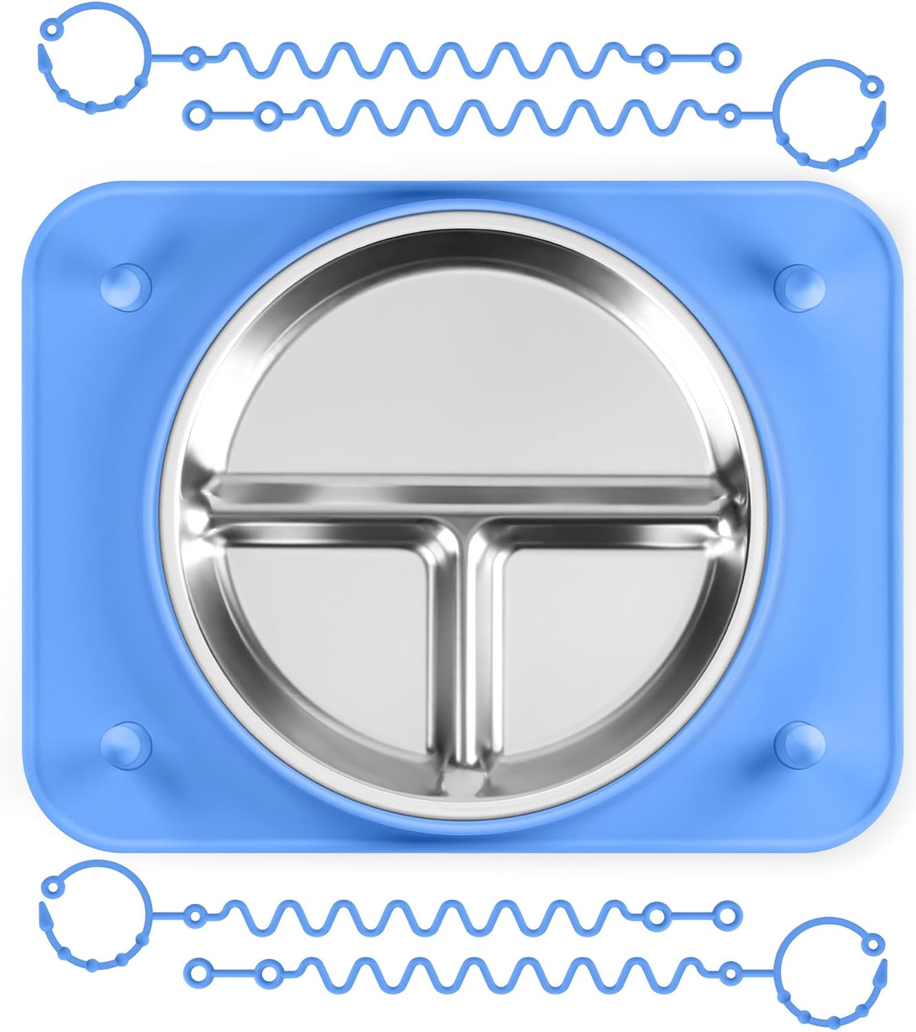 Baby Silicone Mat with Stainless Steel Divided Plate – Non-Slip Suction Base & 4 Straps to Secure Baby Essentials, BPA-Free Self Feeding Placemat for Infants Toddlers High Chair & Dining Table 1 Blue