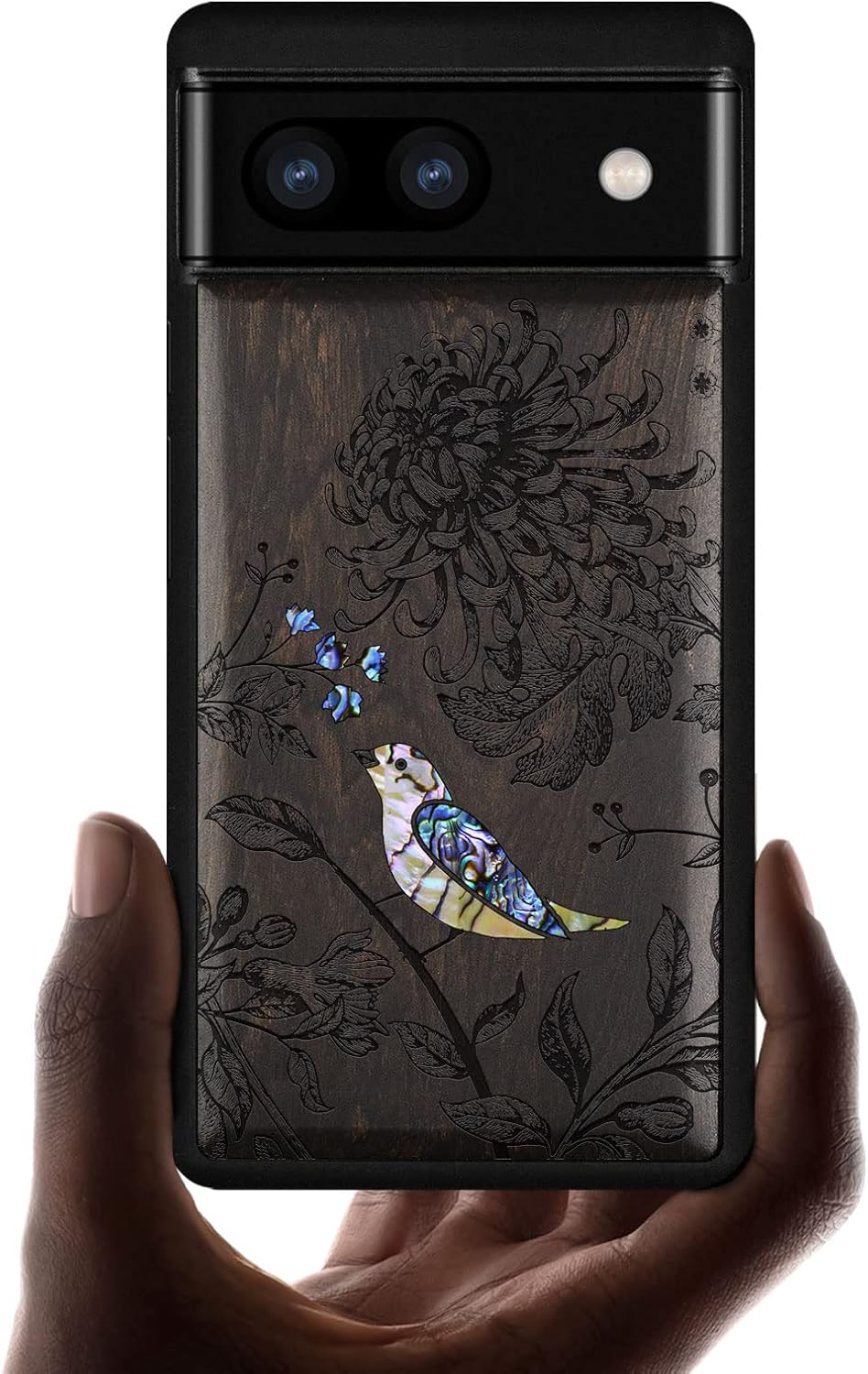 Carveit Designer Wooden Case for Google Pixel 6a Case Protective Cover [Wood Engraving & Shell Inlay] Compatible with Pixel 6a (Flowers and Bird-Blackwood)