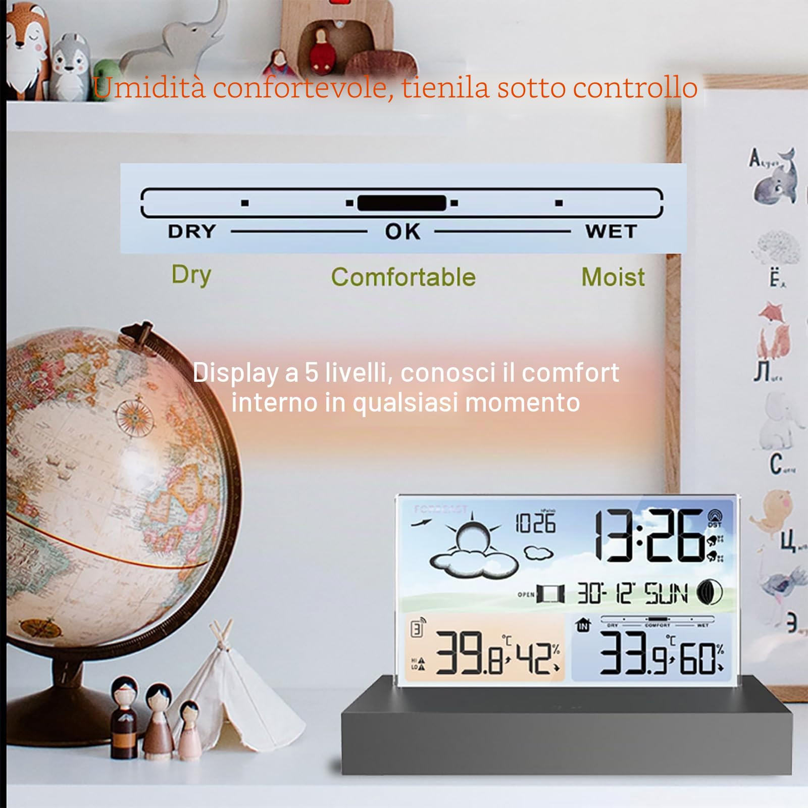 Stazione Meteorologica con Sensore Wireless Esterno, Stazione Meteorologica Digitale con Display LCD Wireless con Doppia Sveglia/Data/Temperatura/Umidità/Avviso/Barometrico/Previsioni Meteo Per Casa