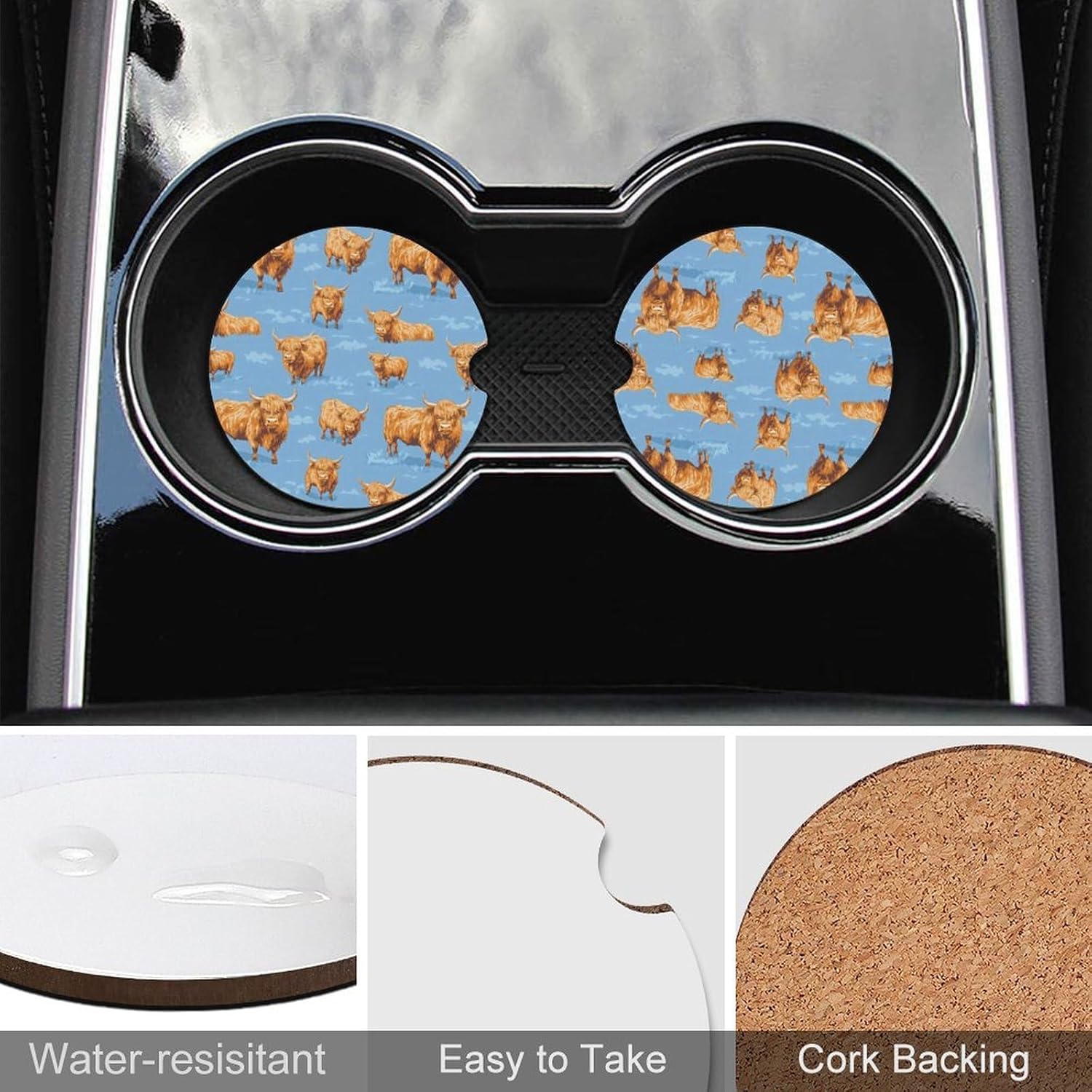 Highland Cows Pattern Cute Car Coasters 2.56 Inch Absorbent Cup Holder for Drinks Auto Interior Accessories